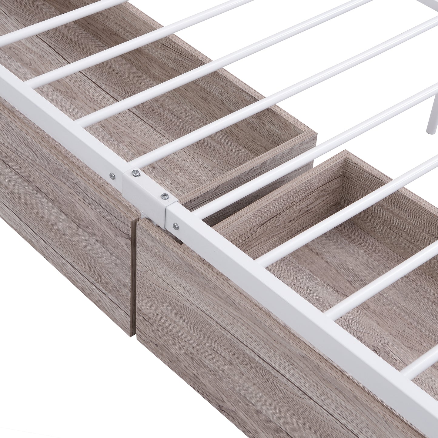 Full Size Metal Platform Bed Frame with Four Drawers,Sockets and USB Ports ,Slat Support No Box Spring Needed White