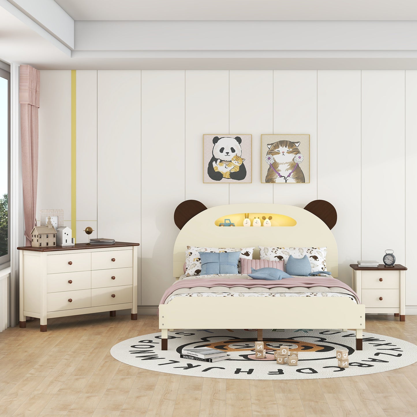 3-Pieces Bedroom Sets Full Size Bear-Shape Platform Bed with Nightstand and Storage dresser,Cream+Walnut