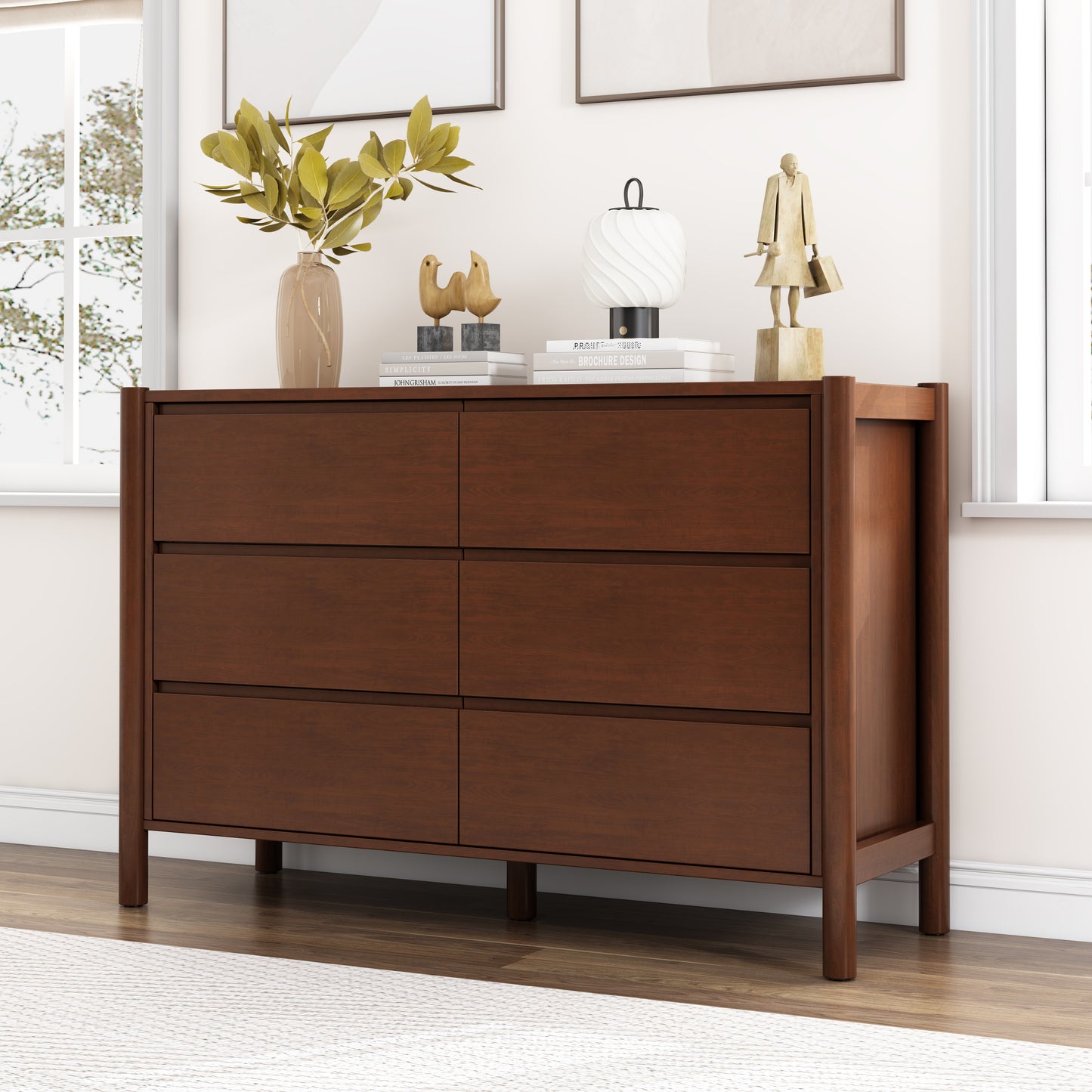4 Pieces Bedroom Sets Mid Century Modern Upholestery Walnut Wood Frame Queen Platform Bed with Two Nightstands and Dresser