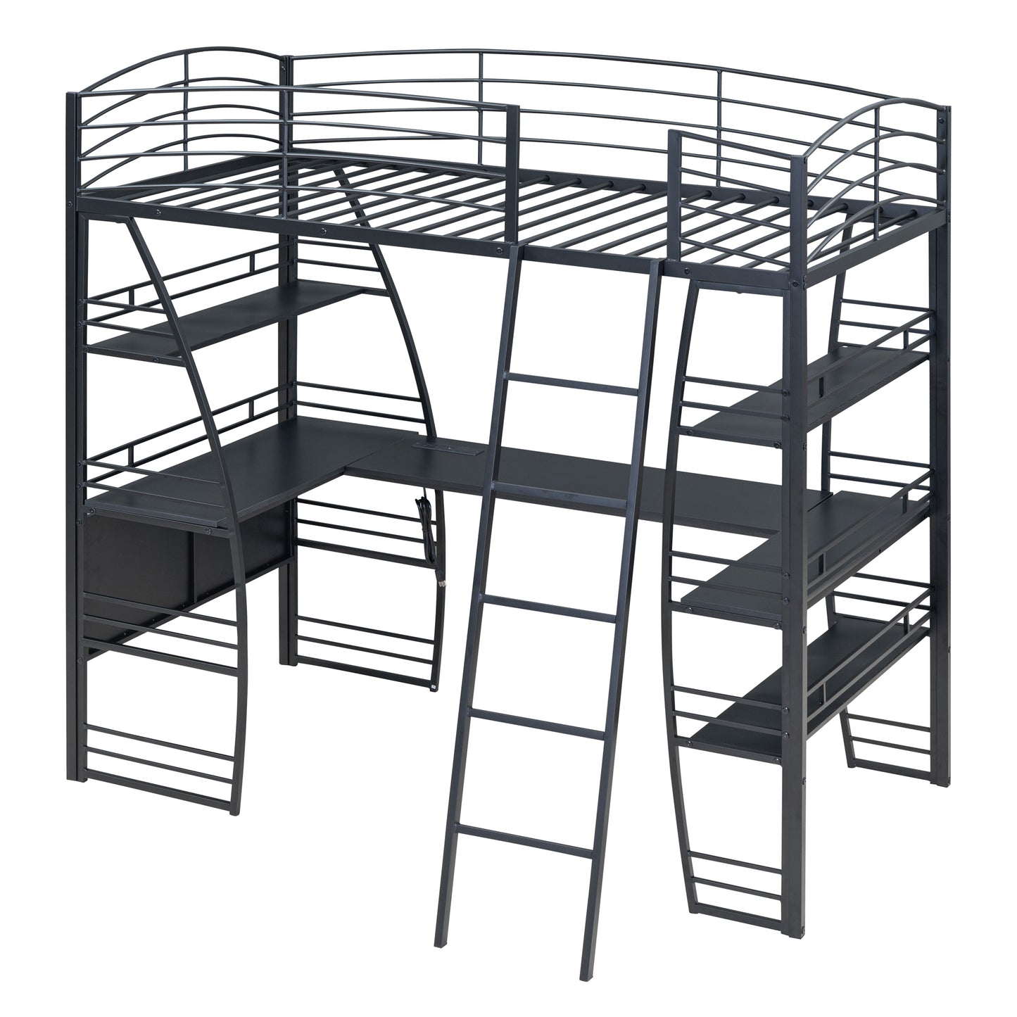 Twin Size Loft Bed with 4 Layers of Shelves and L-shaped Desk, Stylish Metal Frame Bed with a set of Sockets, USB Ports and Wireless Charging, Black