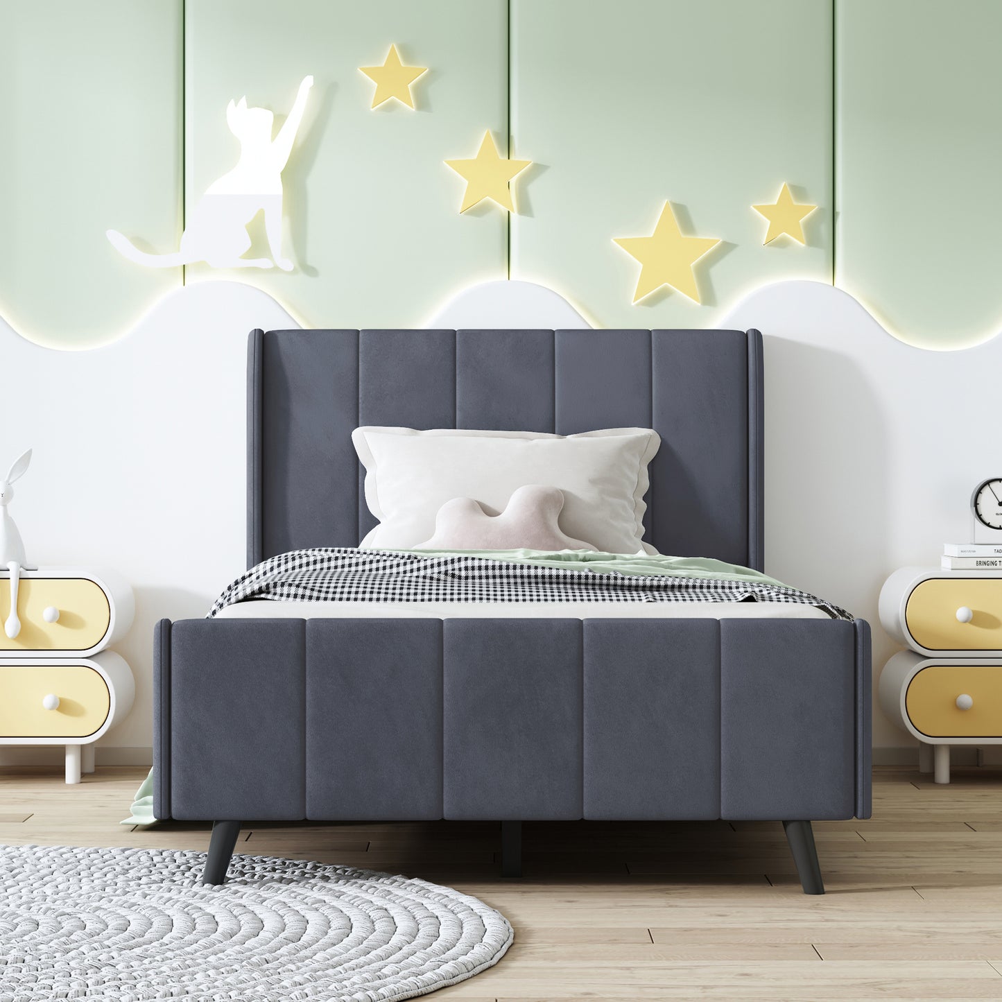 Twin Size Upholstered Platform Bed, Velvet, Gray