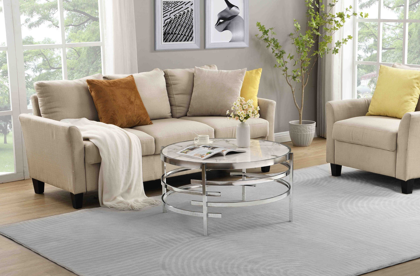 32.48'' Chrome Round Coffee Table With Sintered Stone Top&Sturdy Metal Frame, Modern Coffee Table for Living Room, Silver