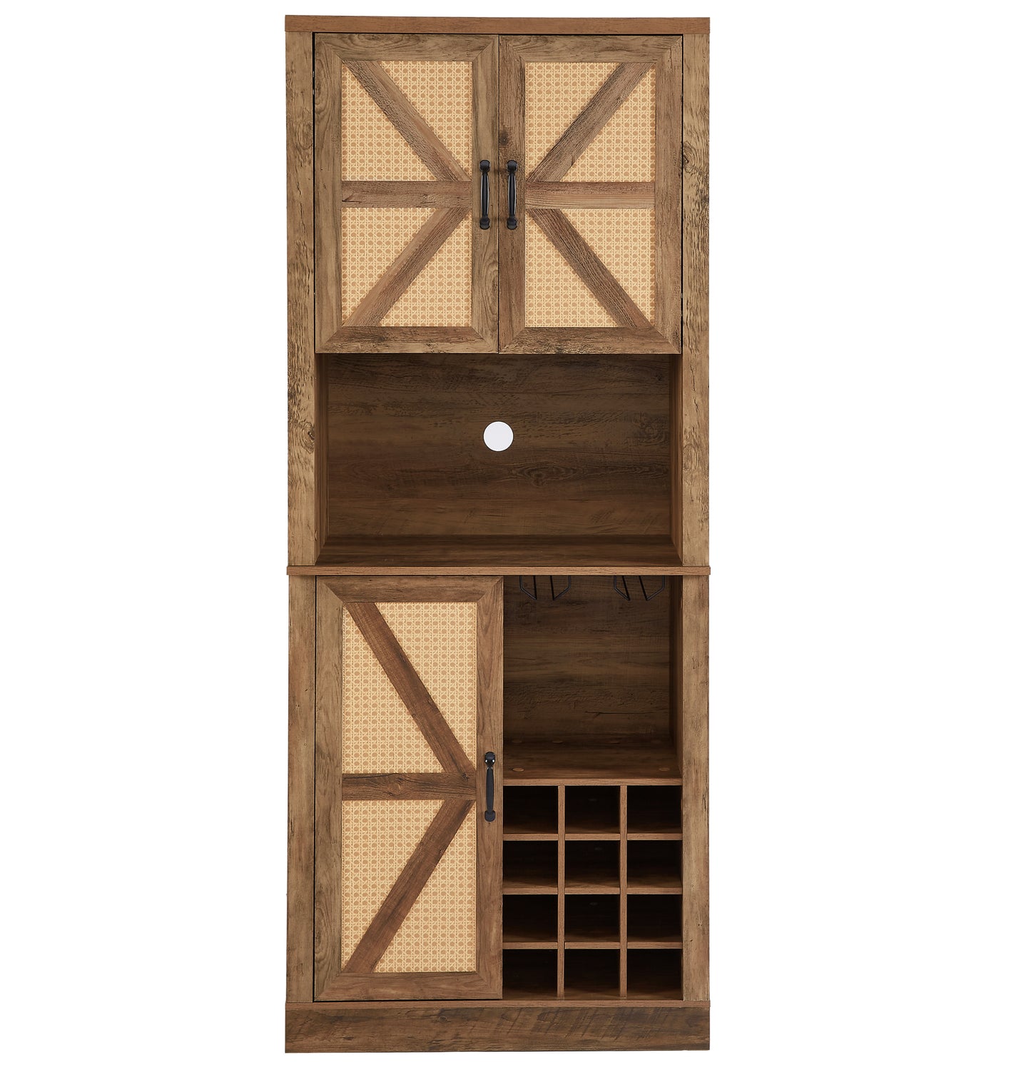 76-Inch Tall Rustic Oak Color Farmhouse Kitchen Faux Rattan Wine Cabinet, Kitchen Bar Cabinet with Square Compartments , Large Wooden Faux Rattan Storage Cabinet with Barn Doors and Microwave Shelves