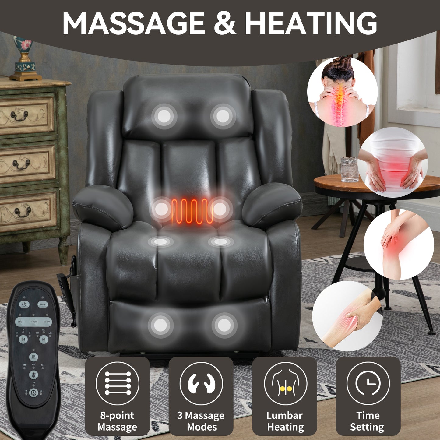 Dual Motor Infinite Position Up to 350 LBS Electric Medium size Grey Power Lift Recliner Chair with 8-Point Vibration Massage and Lumbar Heating