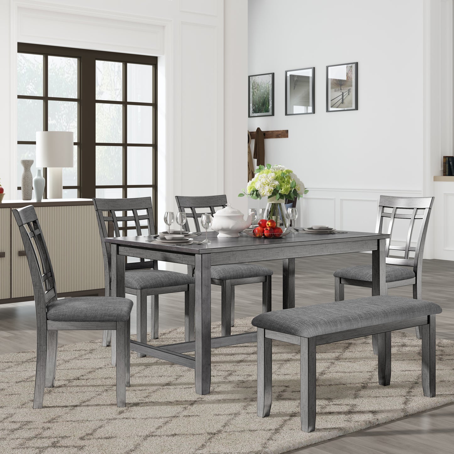 TOPMAX 6 Piece Wooden Dining Table set, Kitchen Table set with 4 Chairs and Bench, Farmhouse Rustic Style,Gray