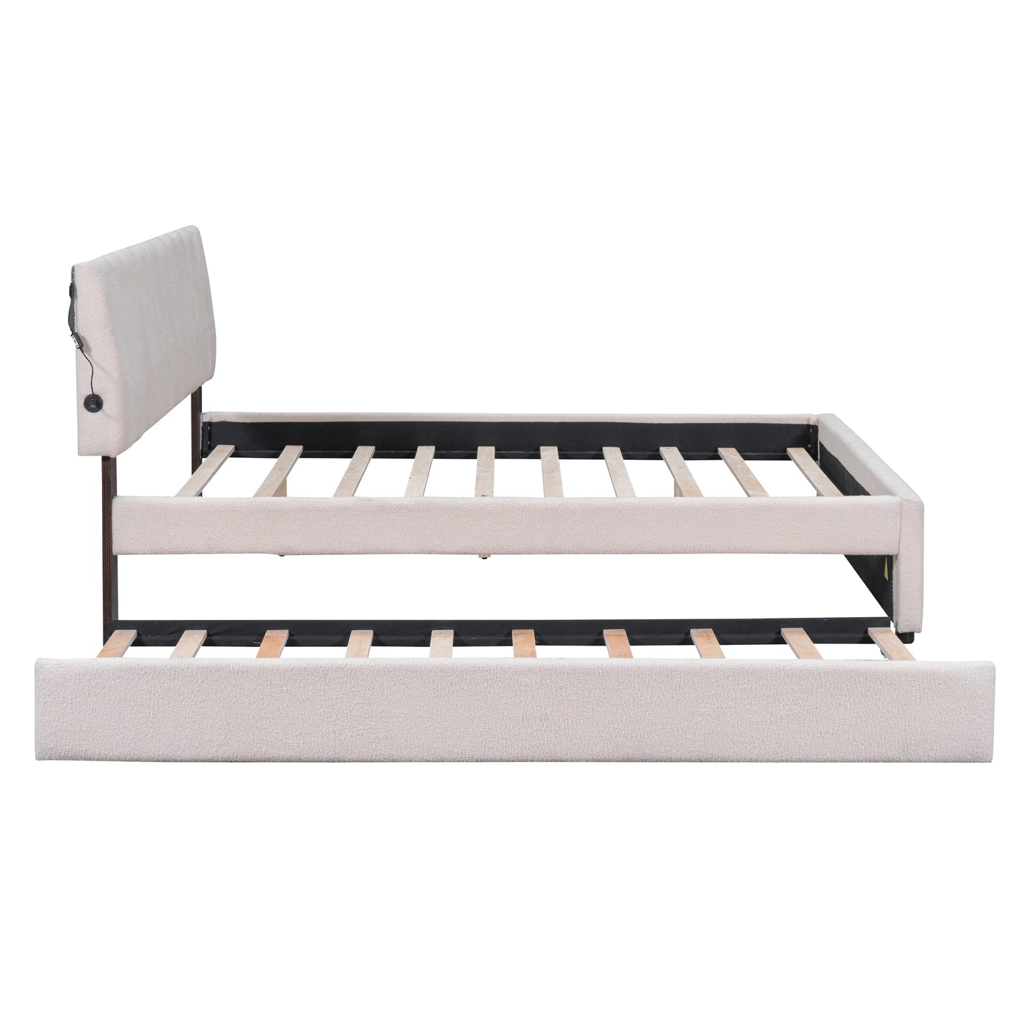 Teddy Fleece Queen Size Upholstered Platform Bed with Trundle, Beige
