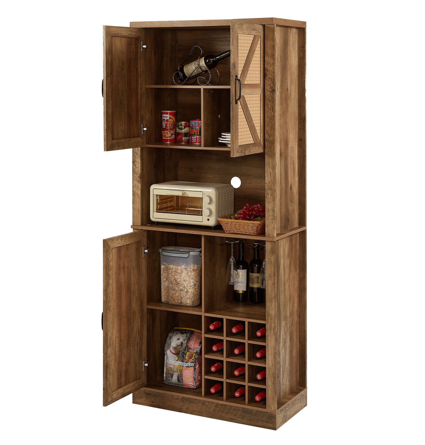 76-Inch Tall Rustic Oak Color Farmhouse Kitchen Faux Rattan Wine Cabinet, Kitchen Bar Cabinet with Square Compartments , Large Wooden Faux Rattan Storage Cabinet with Barn Doors and Microwave Shelves