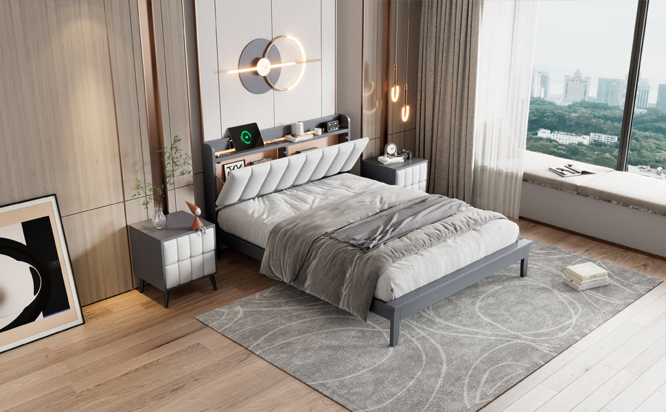 3-Pieces Bedroom Sets,Queen Size Wood Platform Bed and Two Nightstands,Storage Platform bed with USB and LED Lights-Gray+White