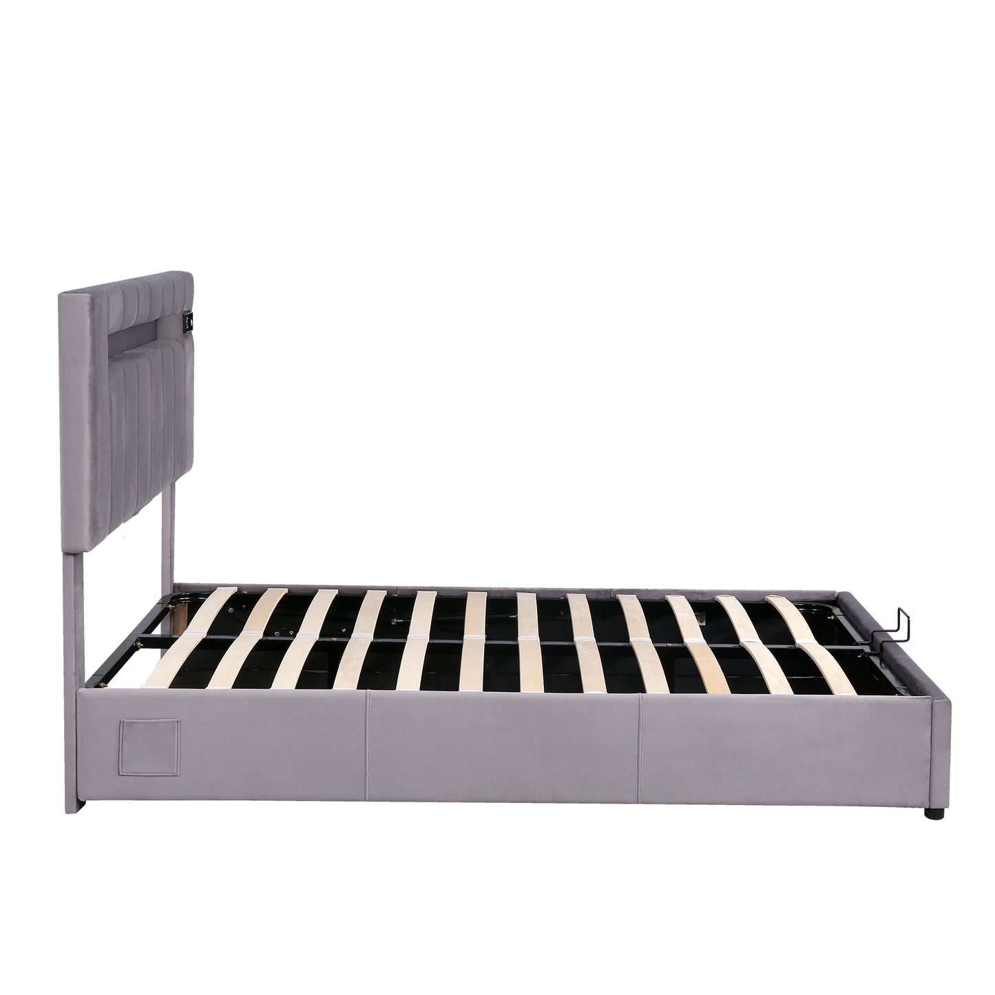 Upholstered Bed Full Size with LED light, Bluetooth Player and USB Charging, Hydraulic Storage Bed in Gray Velvet Fabric