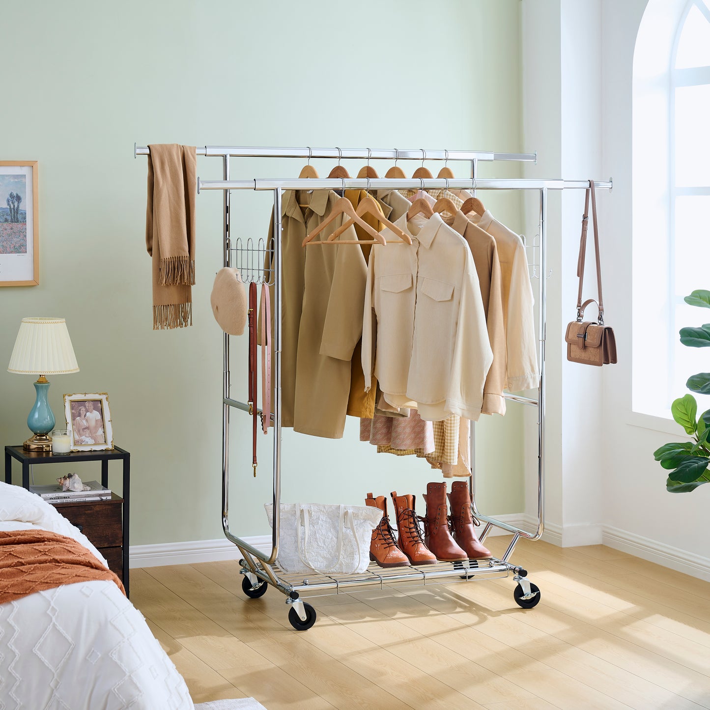 Double Clothing Garment Rack with Shelves Capacity 800lbs Clothing Racks on Wheels Rolling Clothes Rack for Hanging Clothes Heavy Duty Portable Collapsible Commercial Garment Rack