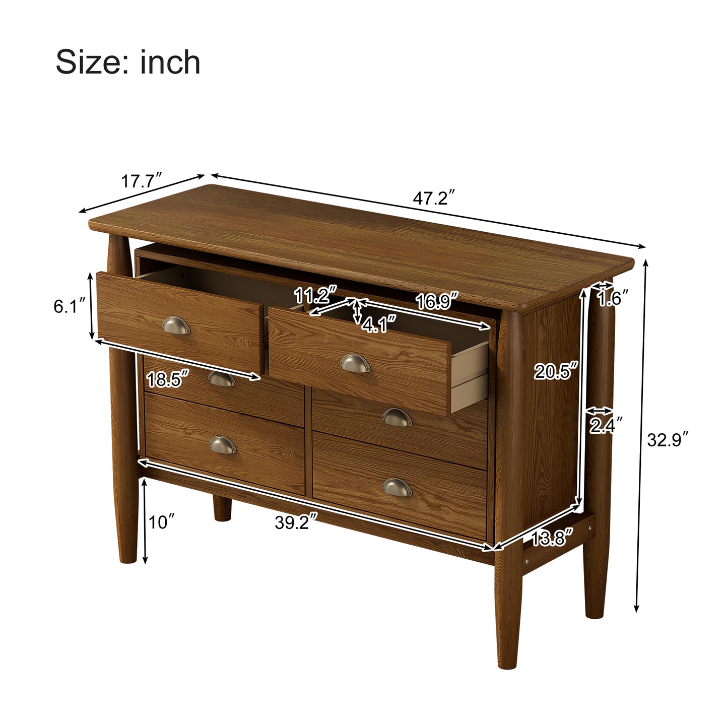 Mid Century Modern Wood 6-Drawer Dresser Storage Cabinet for Bedroom,Living Room,Rubberwood