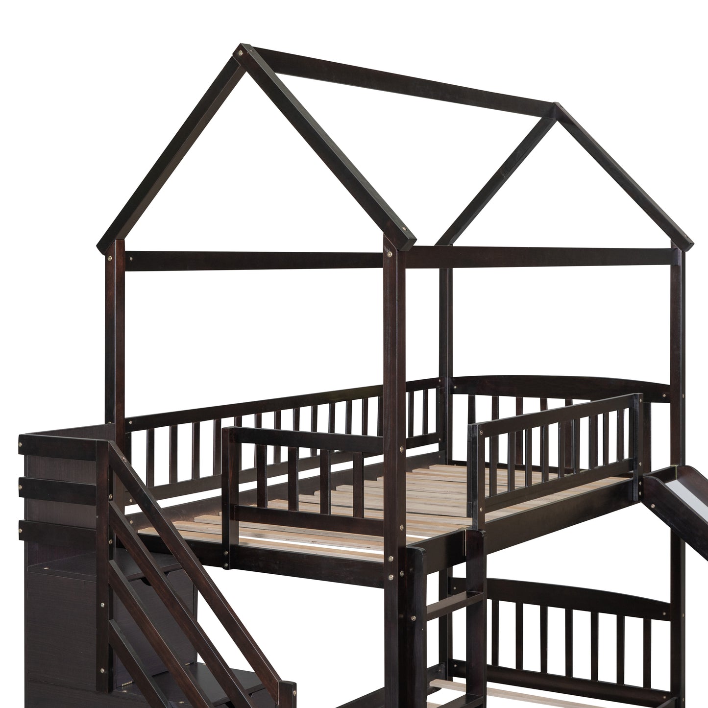Twin Over Twin Bunk Bed with Drawers and Slide, House Bed with Slide,Espresso(OLD SKU :LT000215AAP)