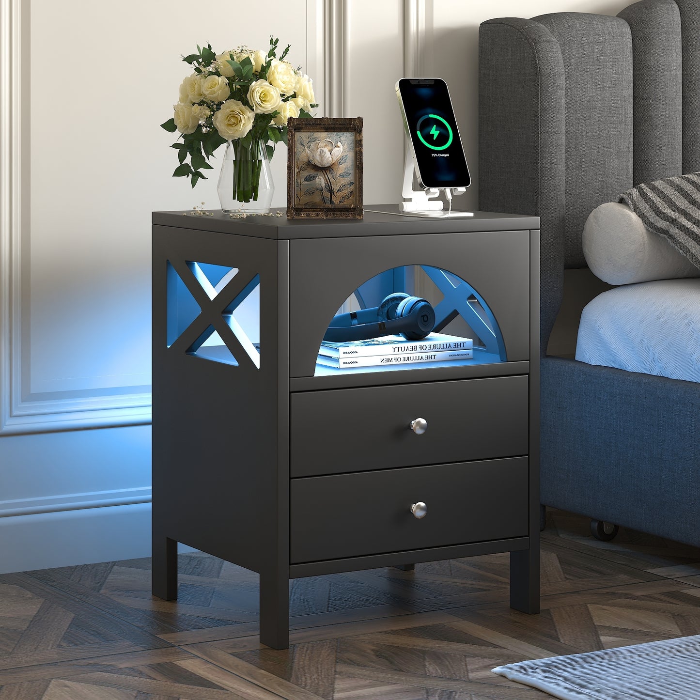 3-Pieces Bedroom Sets,Queen Size Upholstered Bed with LED Lights and Motion Activated Night Lights,Two Nightstands with USB Charging Station and LED lights,Black