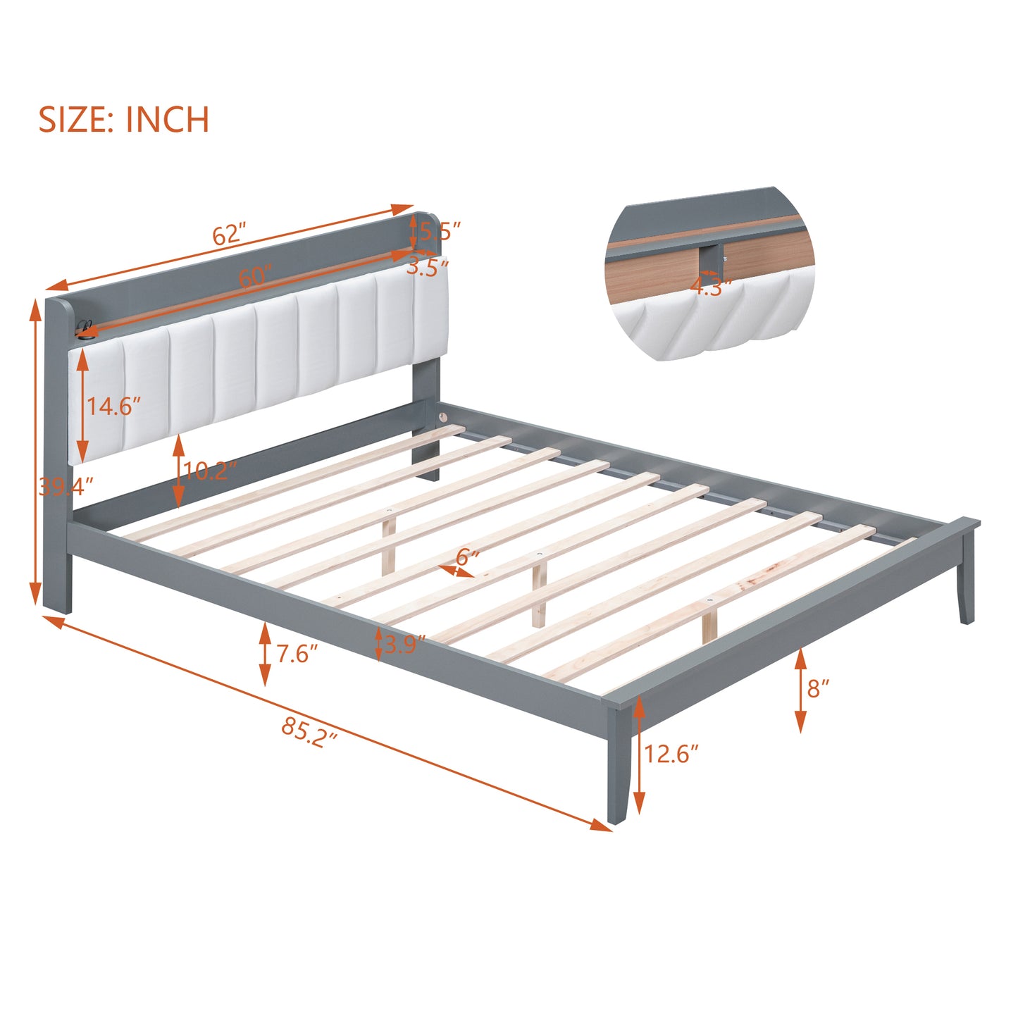 3-Pieces Bedroom Sets,Queen Size Wood Platform Bed and Two Nightstands,Storage Platform bed with USB and LED Lights-Gray+White