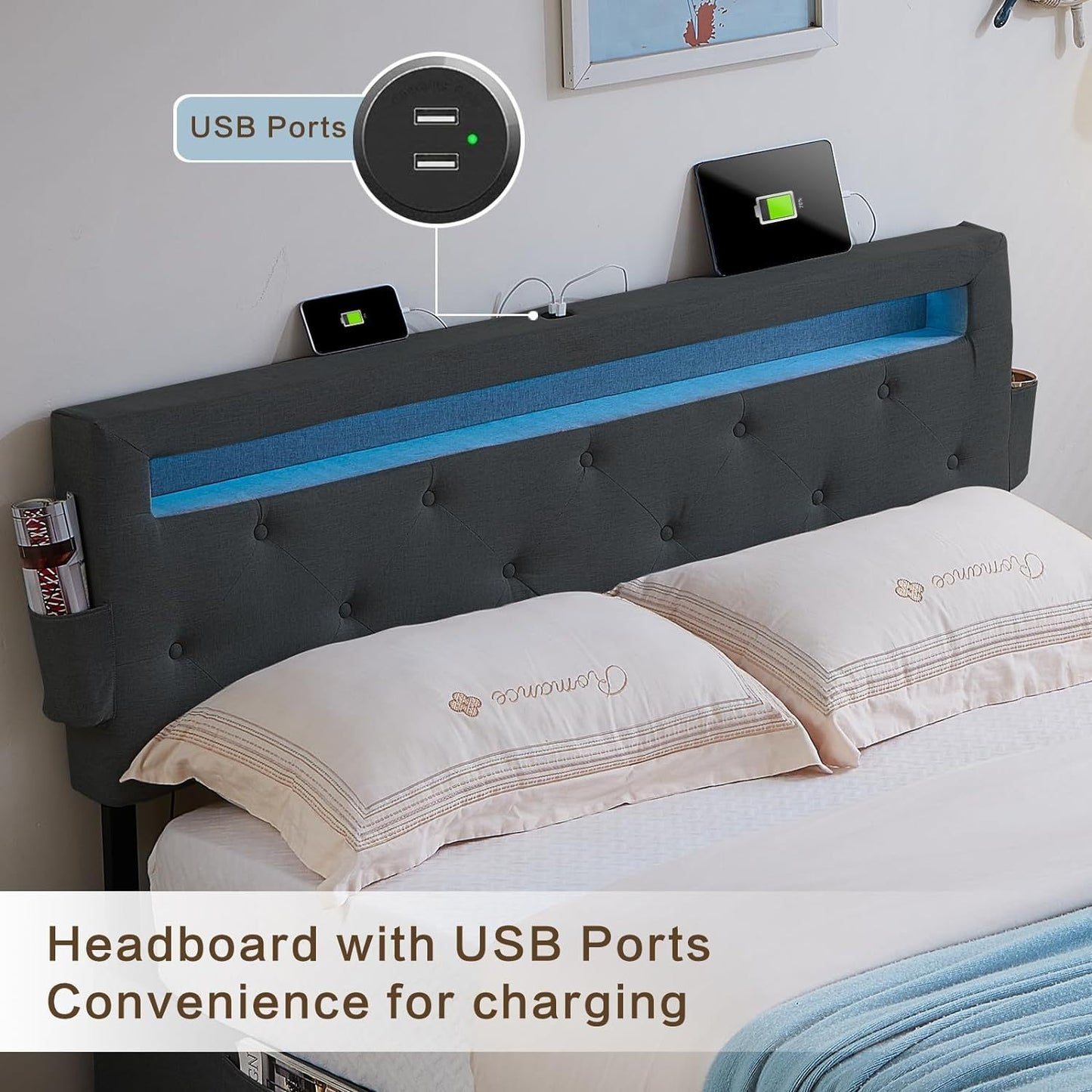 Queen Bed Frame with USB Charging Station & LED Lights, Queen Bed Frame with Headboard & 4 Storage Drawers, D