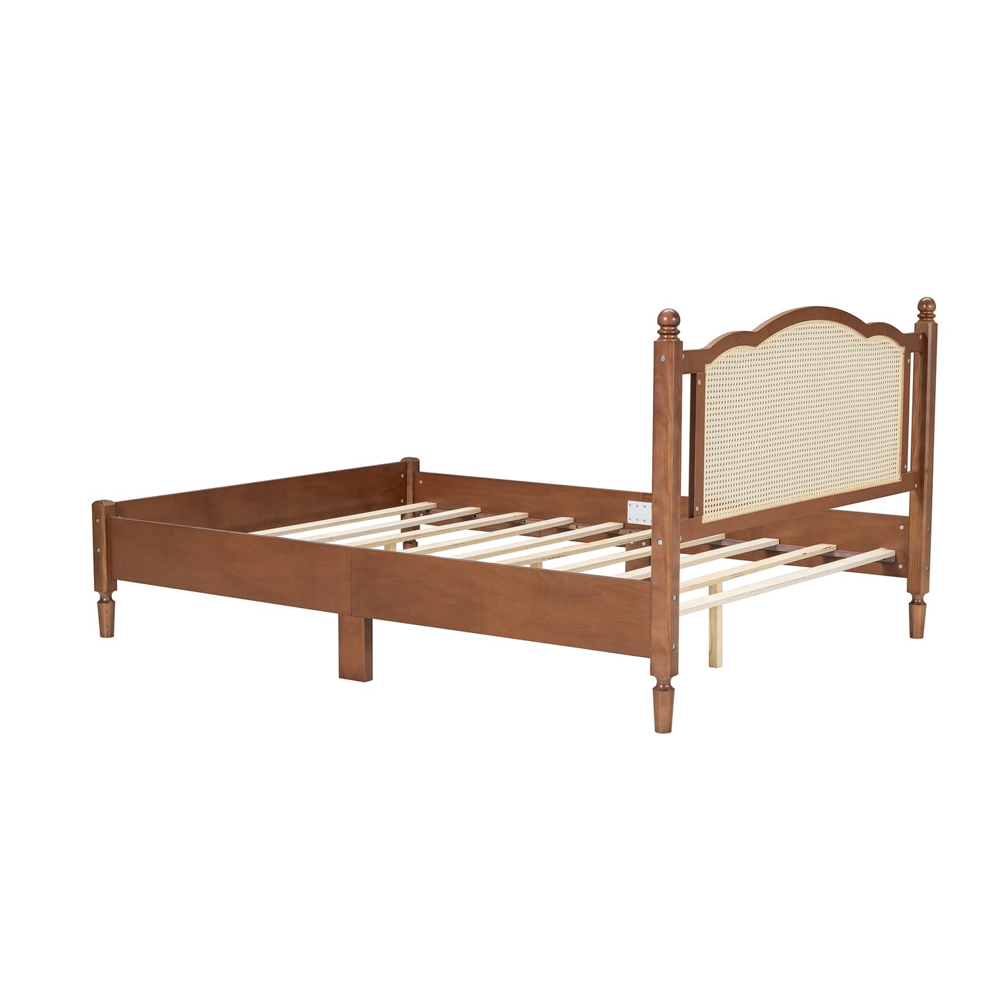 Queen Size Wooden Platform Bed with Natural Rattan Headboard, Vintage Bed Frame with Wooden Slat Support, Walnut (Expected Arrival Time: 08.23)
