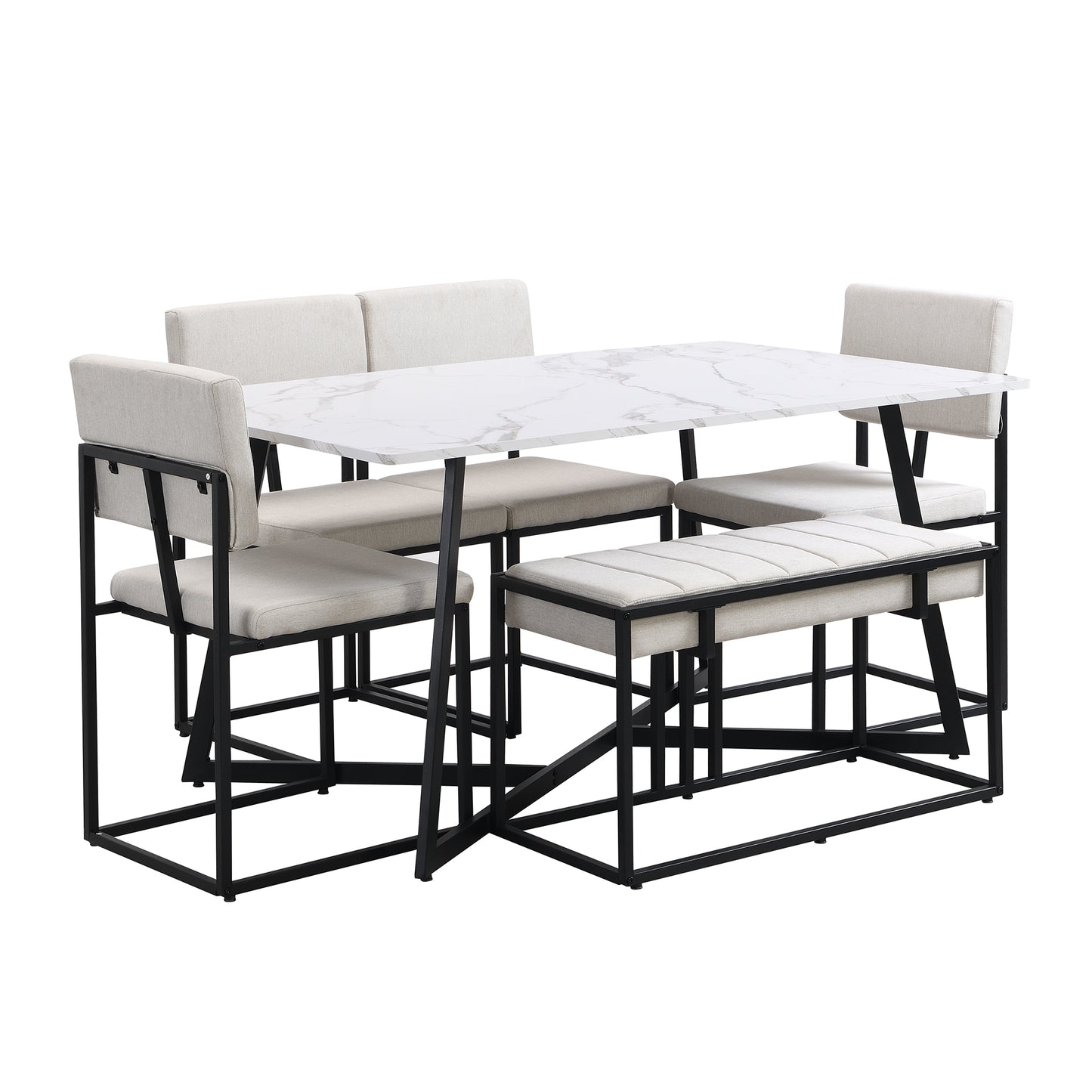 TOPMAX Modern Faux Marble 6-Piece Dining Table Set,60inch Metal Kitchen Table Set with Upholstered Dining Chairs and Bench, Black