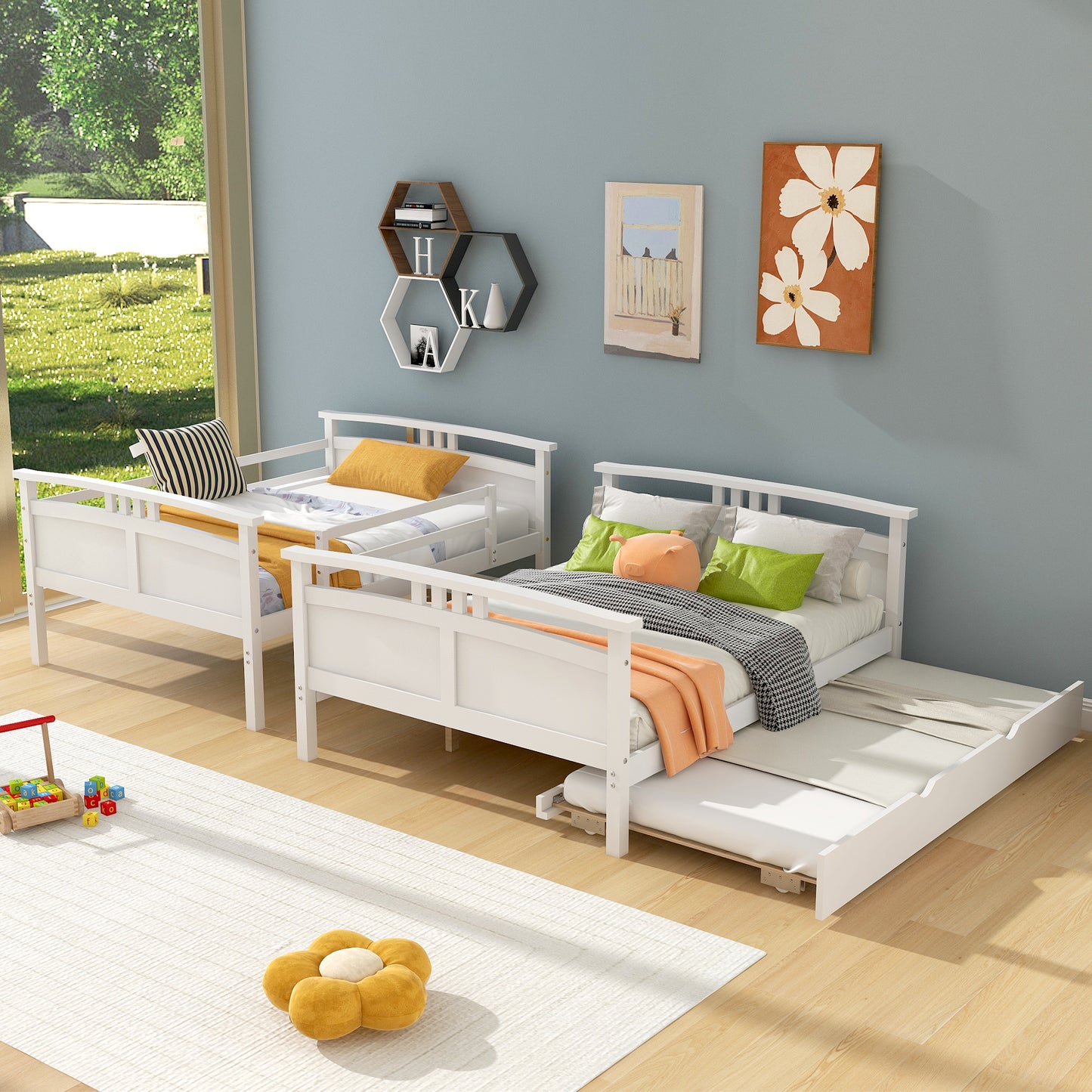 Full-Over-Full Bunk Bed with Twin size Trundle , Separable Bunk Bed for Bedroom - White