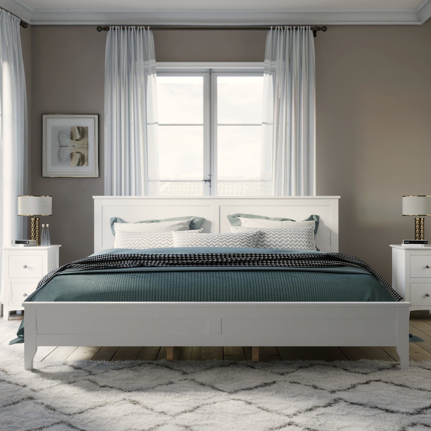 White Solid Wood 5 Pieces King Bedroom Sets(bed+nightstand*2+chest+dresser)