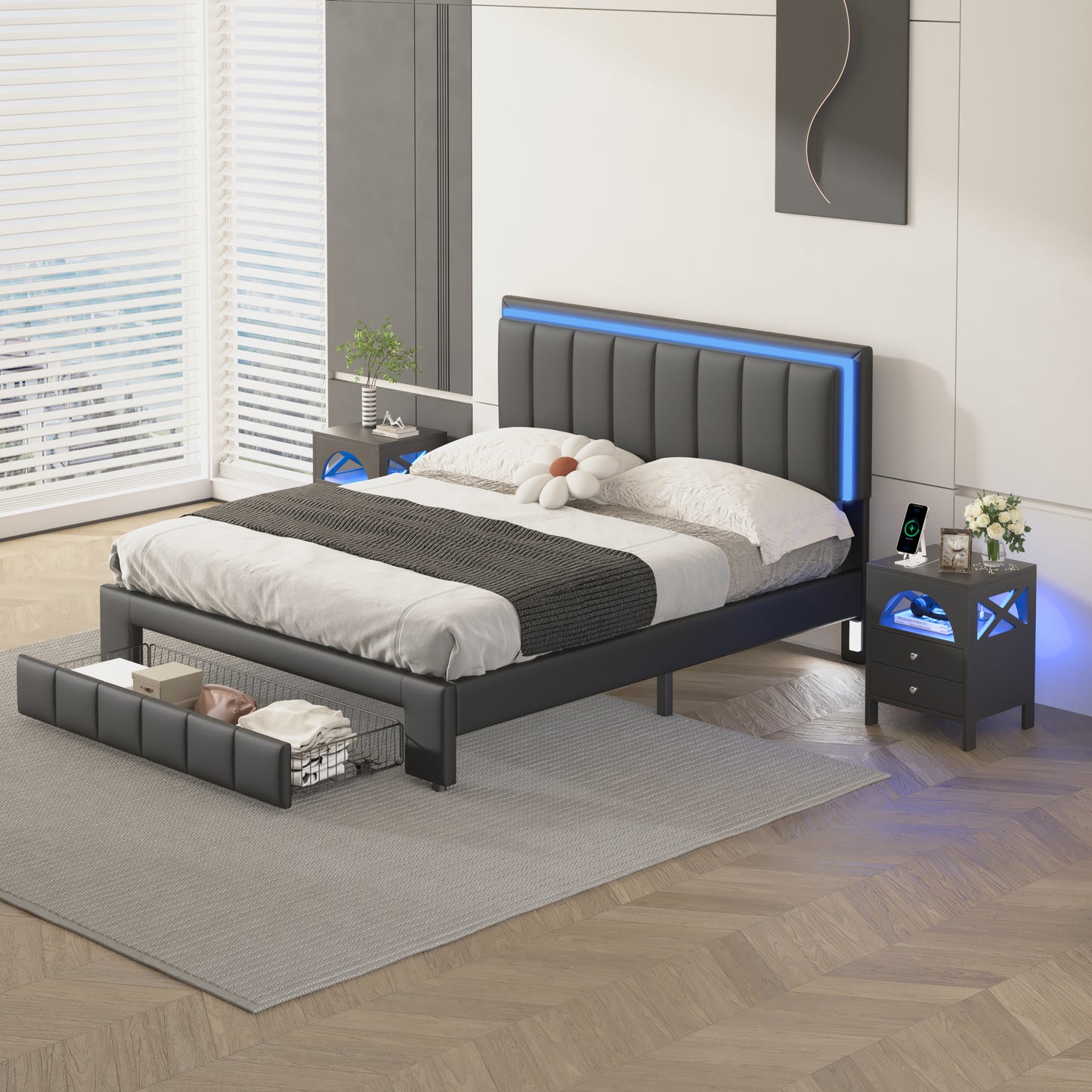 3-Pieces Bedroom Sets,Queen Size Upholstered Bed with LED Lights and Motion Activated Night Lights,Two Nightstands with USB Charging Station and LED lights,Black