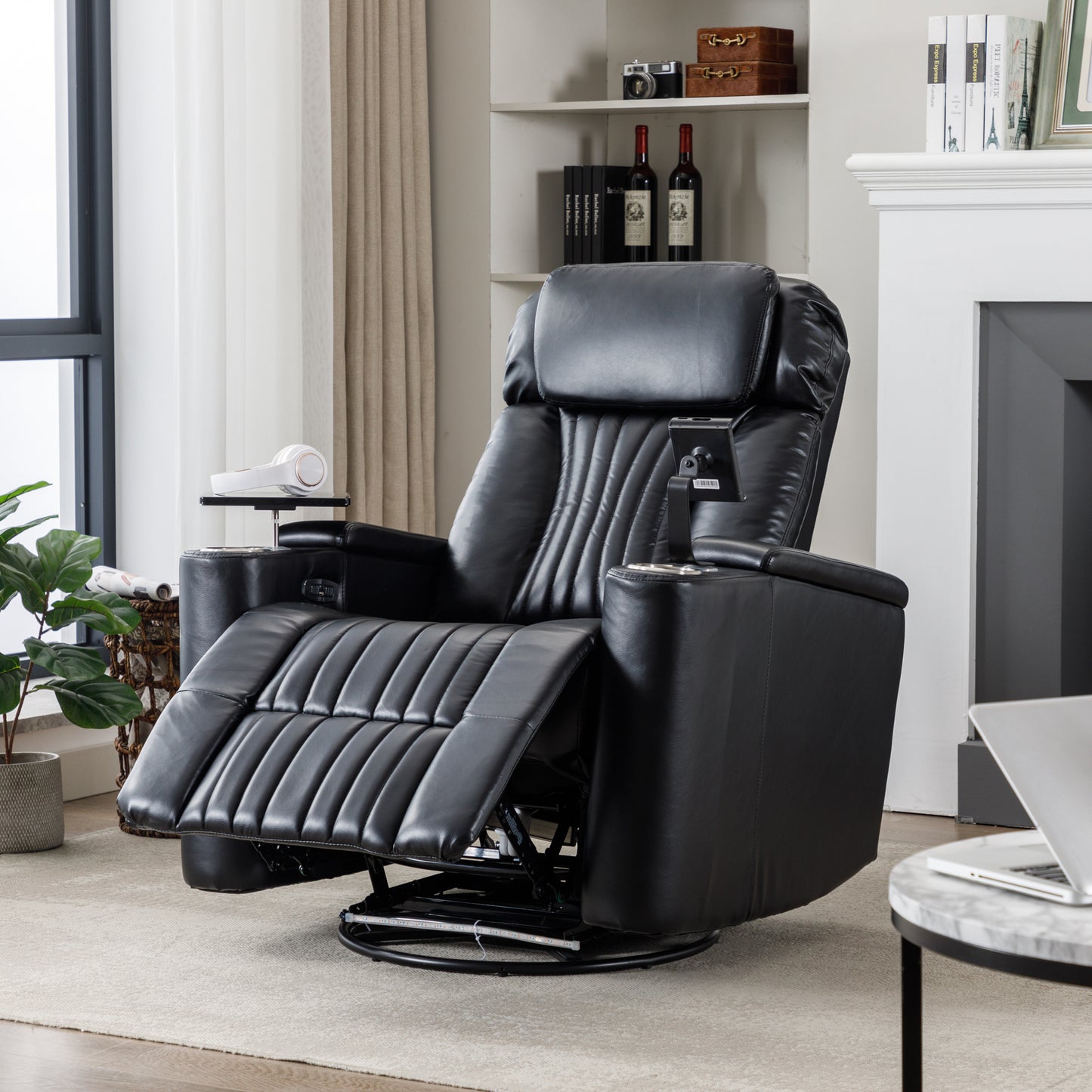 270° Power Swivel Recliner,Home Theater Seating With Hidden Arm Storage and LED Light Strip,Cup Holder,360° Swivel Tray Table,and Cell Phone Holder,Soft Living Room Chair,Black