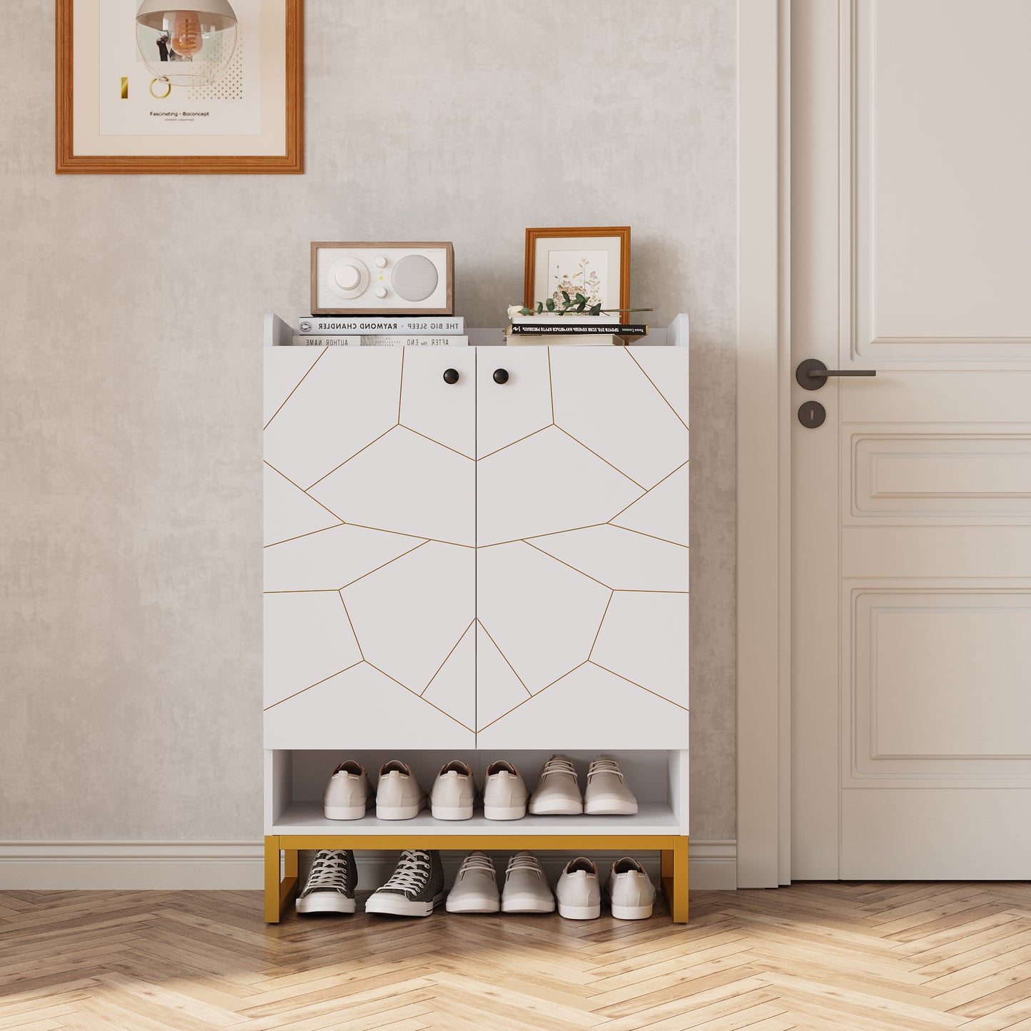 Shoe Cabinet with Doors, White Gold 6-Tiers Shoe Storage Cabinet for Entryway, Modern Free Standing Shoe Cabinet Storage Organizer for Living Room, Bedroom,Closet