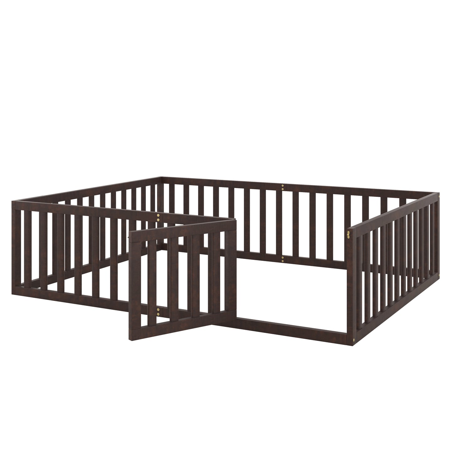 Queen Size Wood Floor Bed Frame with Fence and Door, Walnut(OLD SKU:WF289663AAL)