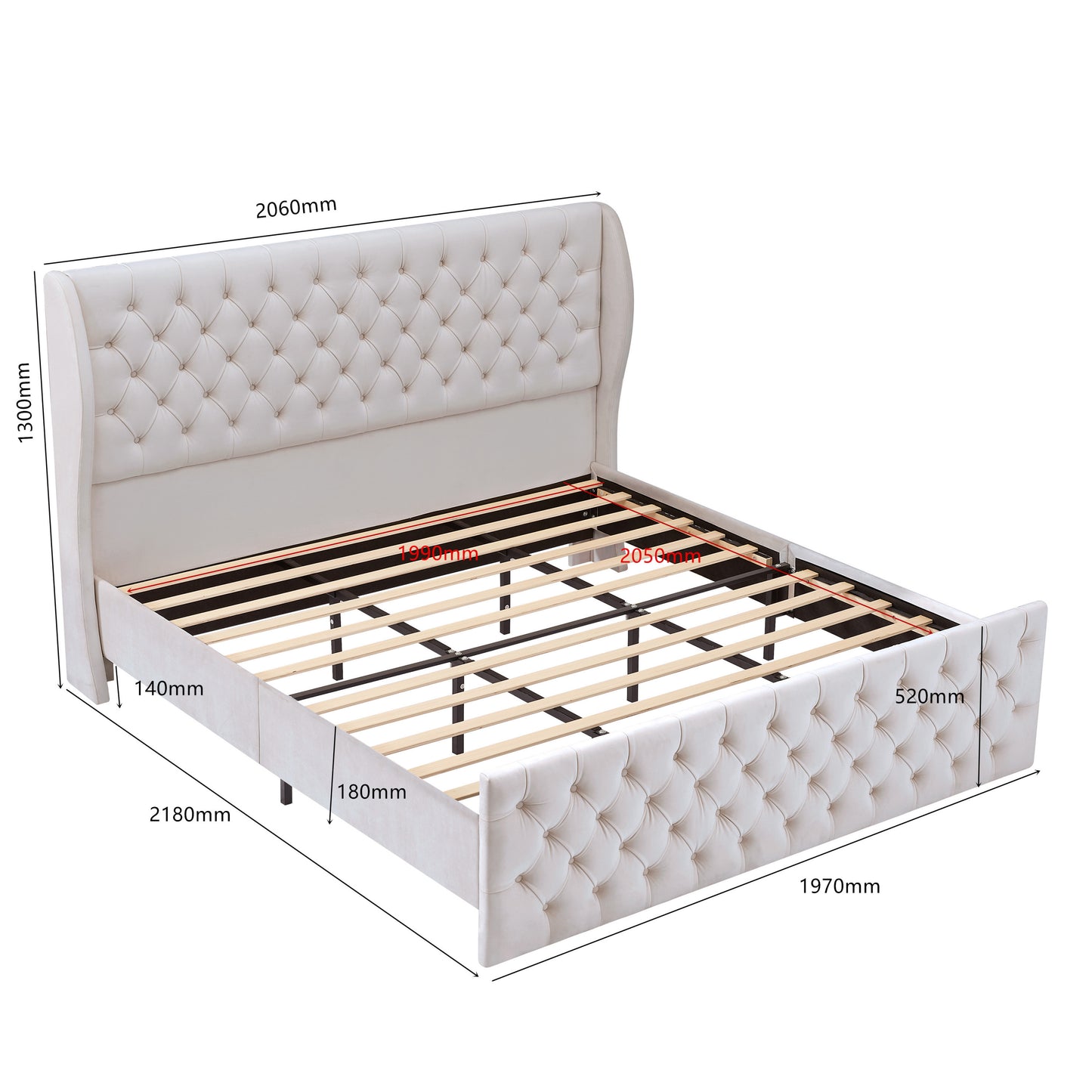 King Size Platform Bed Frame, Velvet Upholstered Sleigh Bed with Scroll Wingback Headboard & Footboard/Button Tufted/No Box Spring Required/Easy Assembly-White