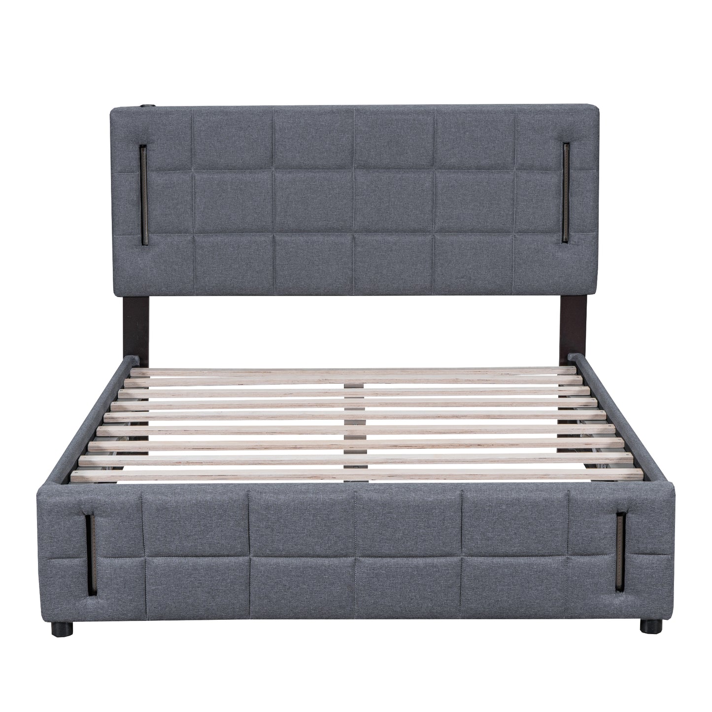 Queen Size Upholstered Bed with Hydraulic Storage System and LED Light, Gray