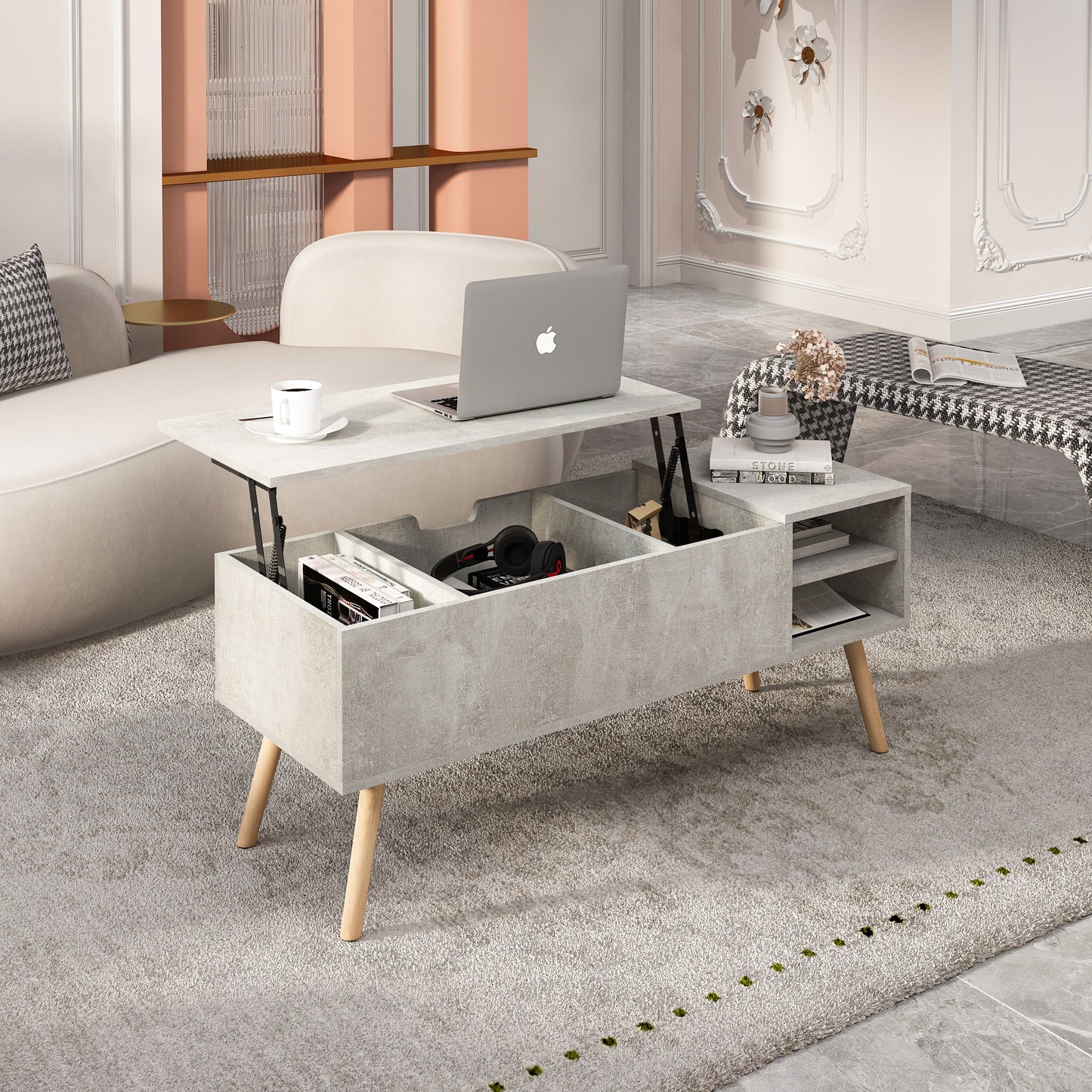 Solid wood legsCoffee Table,Accent Furniture Home Decor,Open Storage Shelf,Storage Coffee Table with Hidden Compartment and Adjustable Storage Shelf,LiftTabletopDiningTable for Living room Light Gray