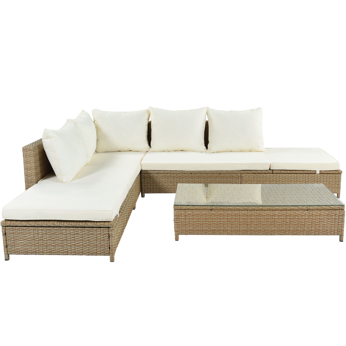 TOPMAX Patio 3-Piece Rattan Sofa Set All Weather PE Wicker Sectional Set with Adjustable Chaise Lounge Frame and Tempered Glass Table, Natural Brown