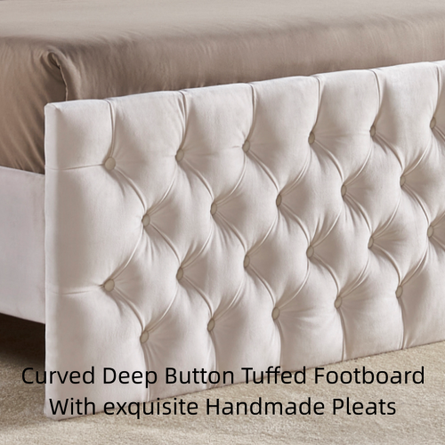 King Size Platform Bed Frame, Velvet Upholstered Sleigh Bed with Scroll Wingback Headboard & Footboard/Button Tufted/No Box Spring Required/Easy Assembly-White