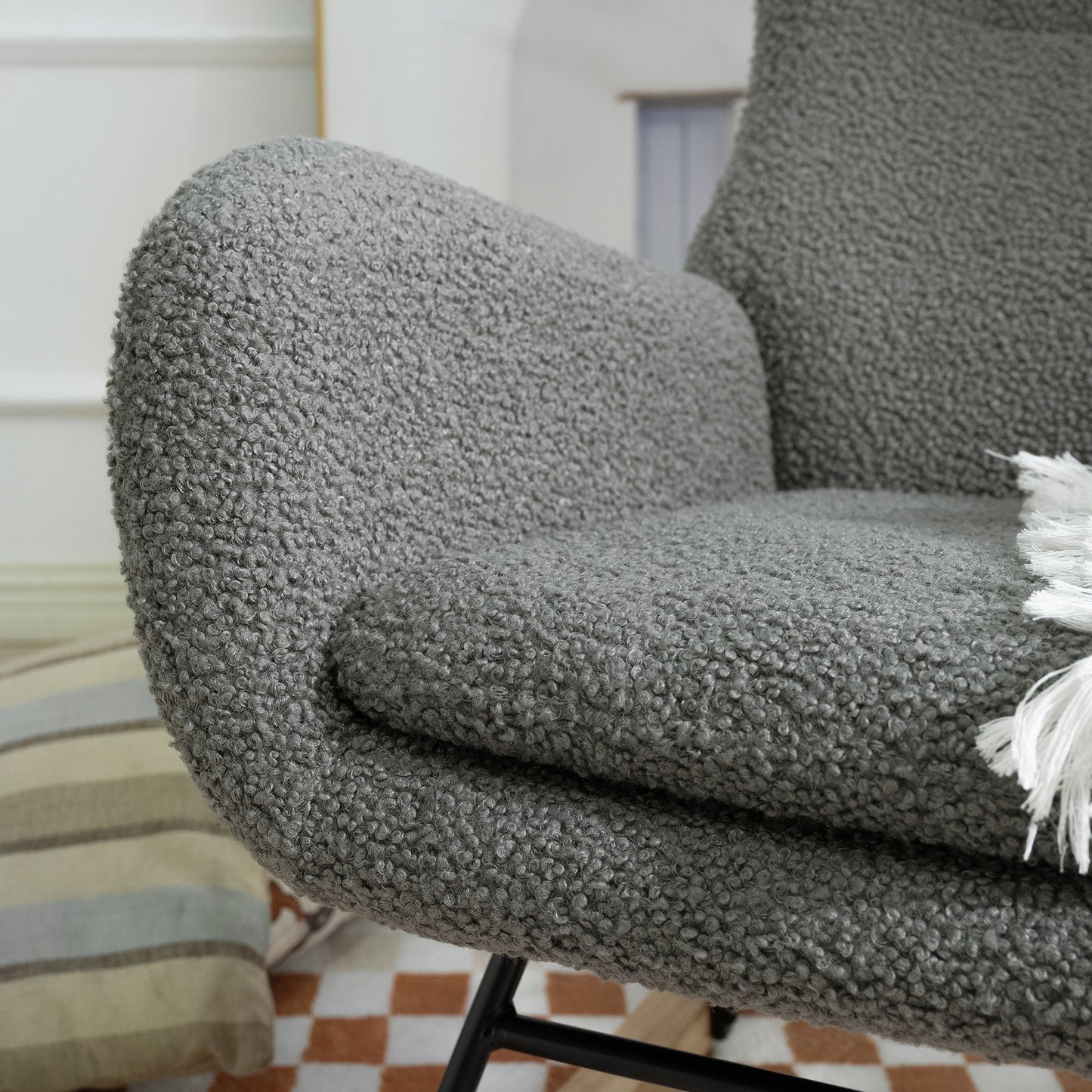 Rocking Chair Nursery, Teddy Upholstered Rocker Glider Chair with High Backrest, Adjustable Headrest & Pocket, Comfy Glider Chair for Nursery, Bedroom, Living Room, Offices, Rubber wood, gray