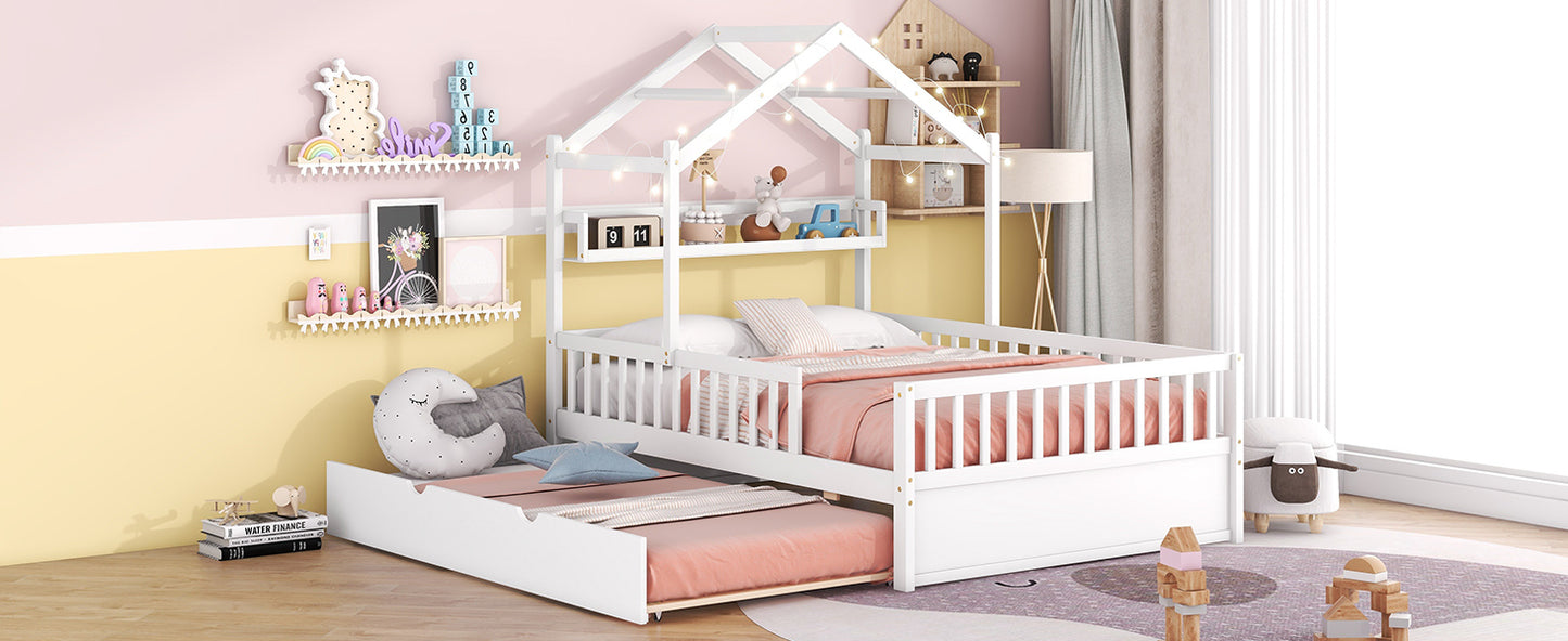 Wooden Full Size House Bed with Twin Size Trundle,Kids Bed with Shelf,White