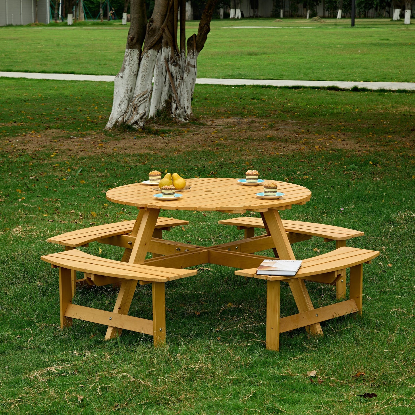 Outdoor 8 Person Picnic Table, 8 person Round Picnic Table with 4 Built-in Benches, Umbrella Hole, Outside Table and Bench Set for Garden, Backyard, Porch, Patio, Natural