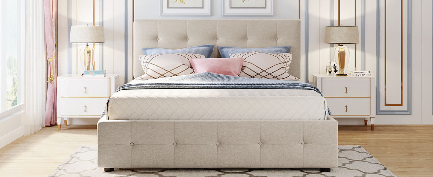 Upholstered Platform Bed with 2 Drawers and 1 Twin XL Trundle, Linen Fabric, Queen Size - Dark Beige(OLD SKU :LP000314AAA)