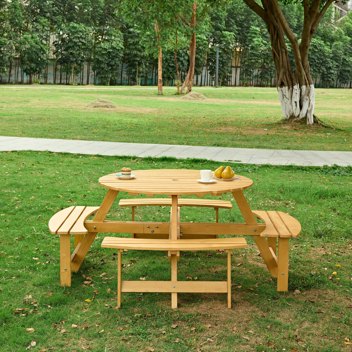 Outdoor 8 Person Picnic Table, 8 person Round Picnic Table with 4 Built-in Benches, Umbrella Hole, Outside Table and Bench Set for Garden, Backyard, Porch, Patio, Natural