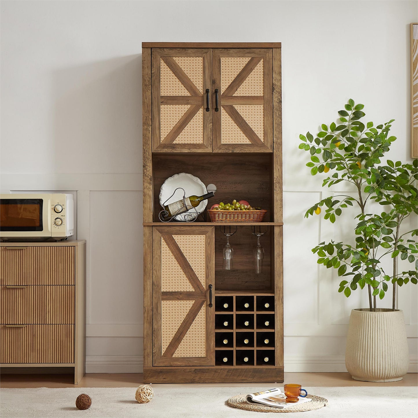 76-Inch Tall Rustic Oak Color Farmhouse Kitchen Faux Rattan Wine Cabinet, Kitchen Bar Cabinet with Square Compartments , Large Wooden Faux Rattan Storage Cabinet with Barn Doors and Microwave Shelves