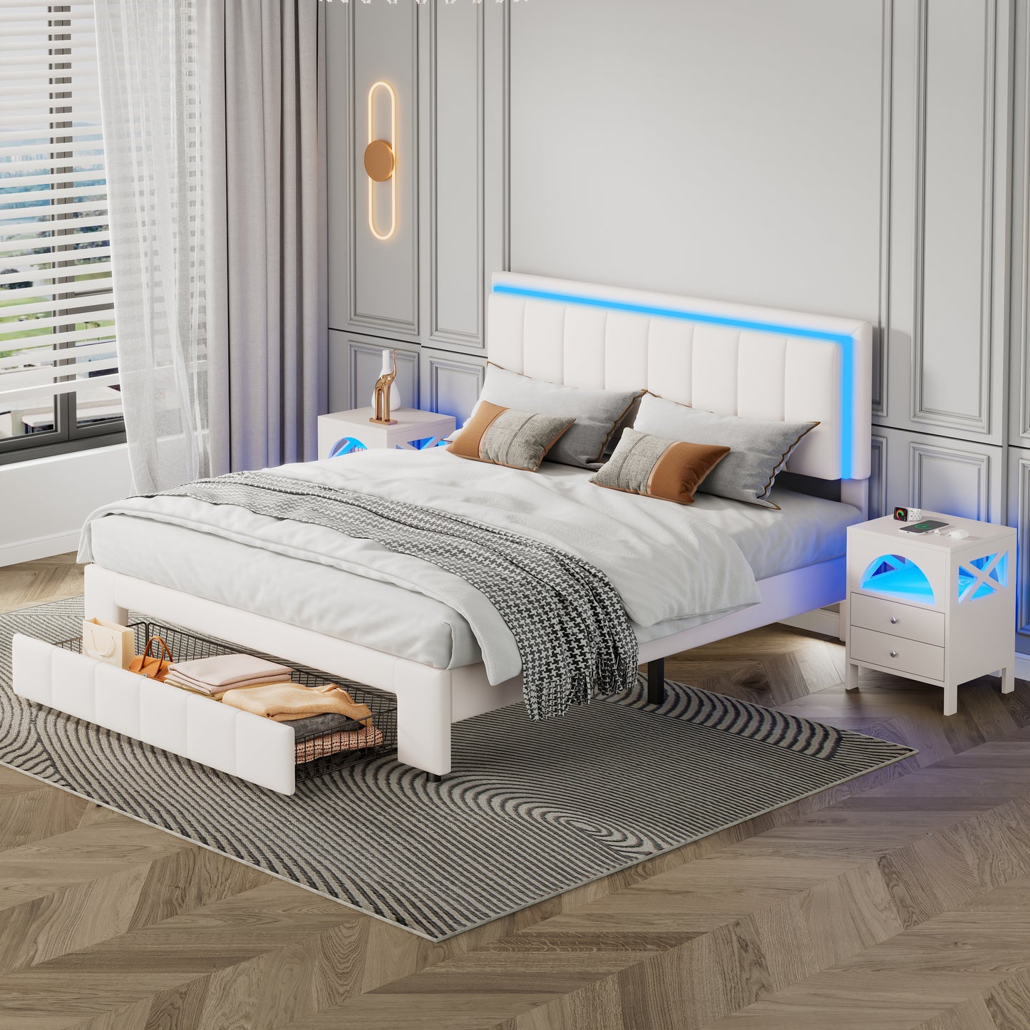 3-Pieces Bedroom Sets,Queen Size Upholstered Bed with LED Lights and Motion Activated Night Lights,Two Nightstands with USB Charging Station and LED lights,White
