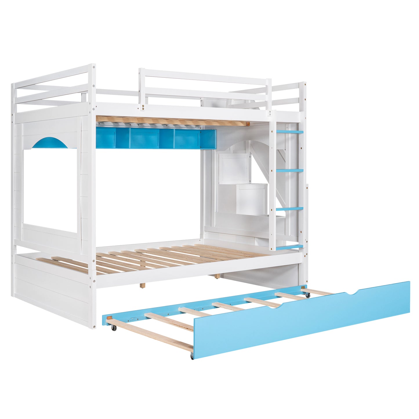 Full Over Full Bunk Bed with Trundle ,Stairs,Ladders Solid Wood Bunk bed with Storage Cabinet (White + Blue)