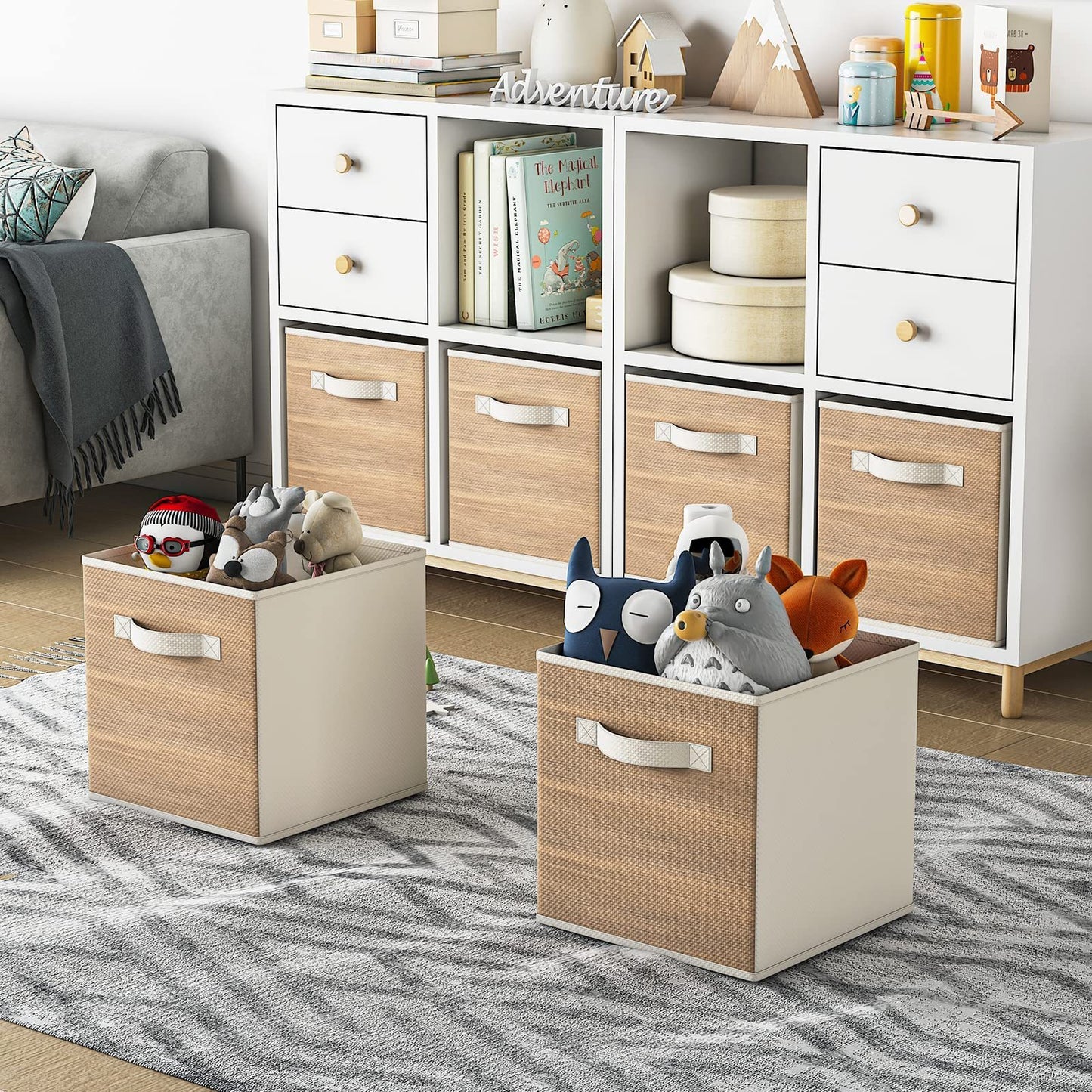 Fabric Storage Cubes with Handle, Foldable 11 Inch Cube Storage Bins, 6 Pack Storage Baskets for Shelves, Storage Boxes for Organizing Closet Bins, Wood Grain