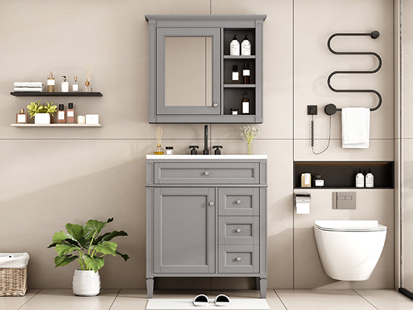 30'' Bathroom Vanity with Top Sink, Modern Bathroom Storage Cabinet with 2 Drawers and a Tip-out Drawer, Freestanding Vanity Set with Mirror Cabinet, Single Sink Bathroom Vanity