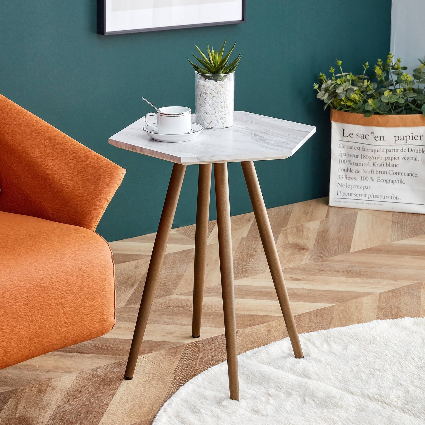 Modern Minimalism White Faux Marble End&Side Table, Small Accent Coffee Table with Dark Gold Metal Legs, Hexagon Nightstand for Living Room,Bedroom, Apartment Small Space ( MDF Tabletop + Metal Legs )