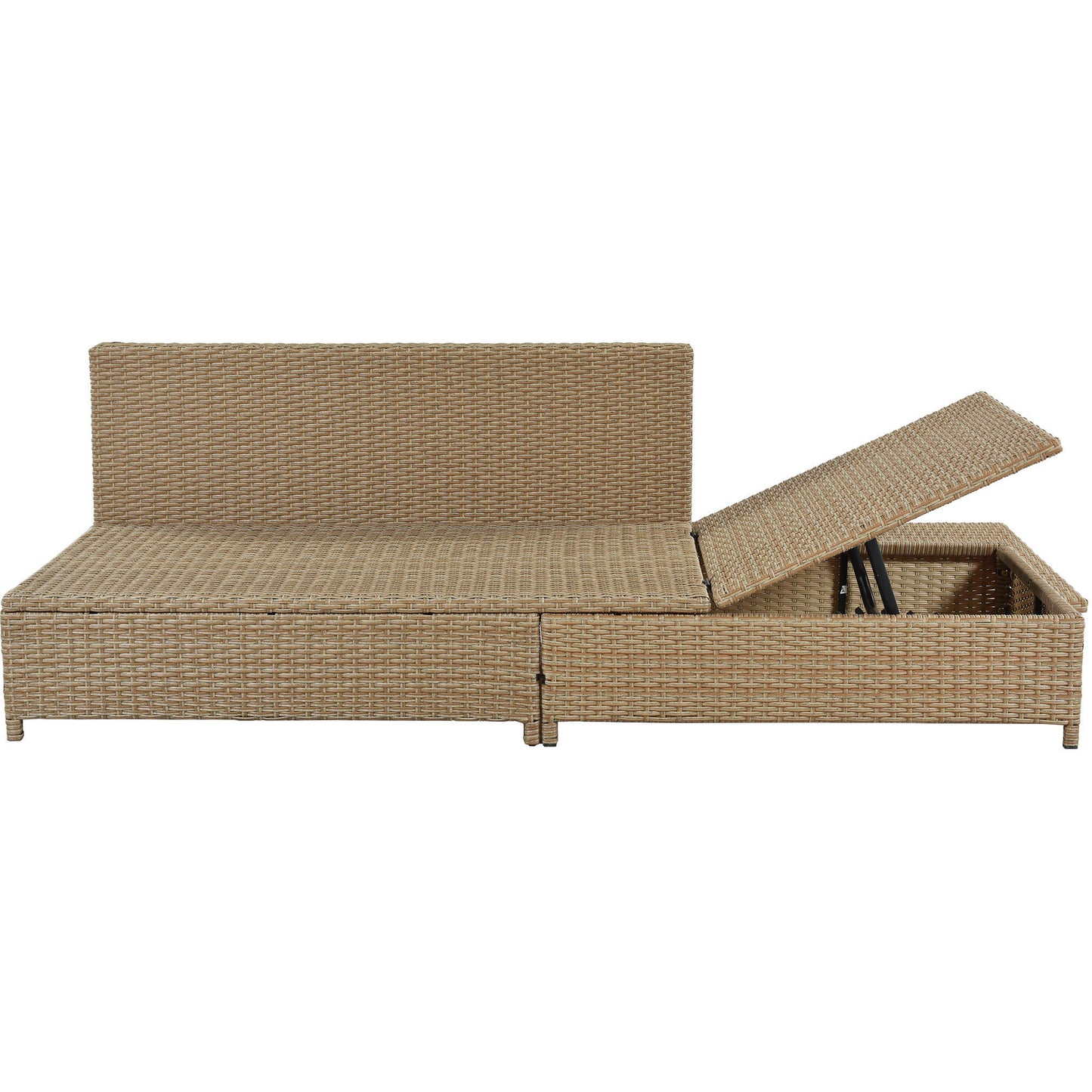 TOPMAX Patio 3-Piece Rattan Sofa Set All Weather PE Wicker Sectional Set with Adjustable Chaise Lounge Frame and Tempered Glass Table, Natural Brown