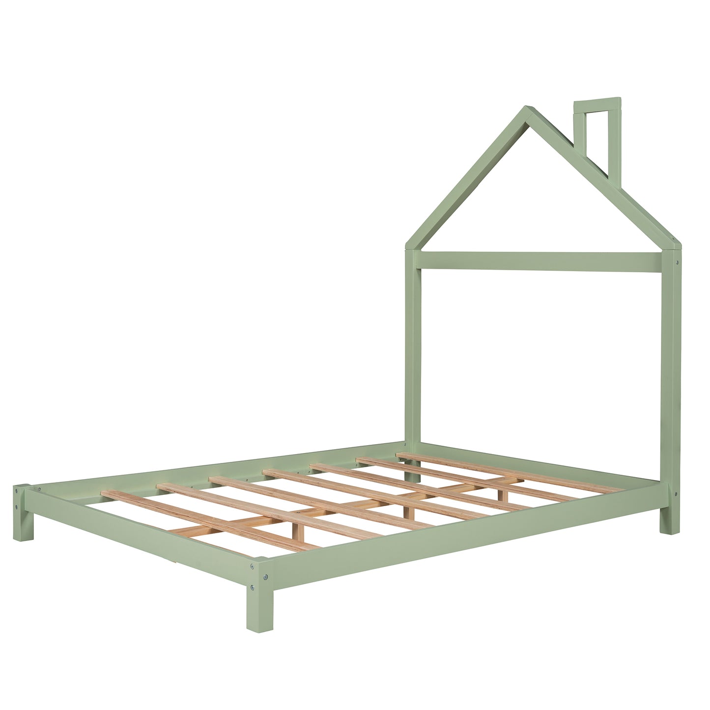 Full Size Wood Platform Bed with House-shaped Headboard (Green)