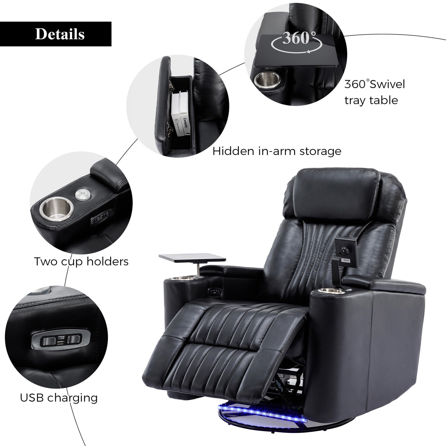 270° Power Swivel Recliner,Home Theater Seating With Hidden Arm Storage and LED Light Strip,Cup Holder,360° Swivel Tray Table,and Cell Phone Holder,Soft Living Room Chair,Black