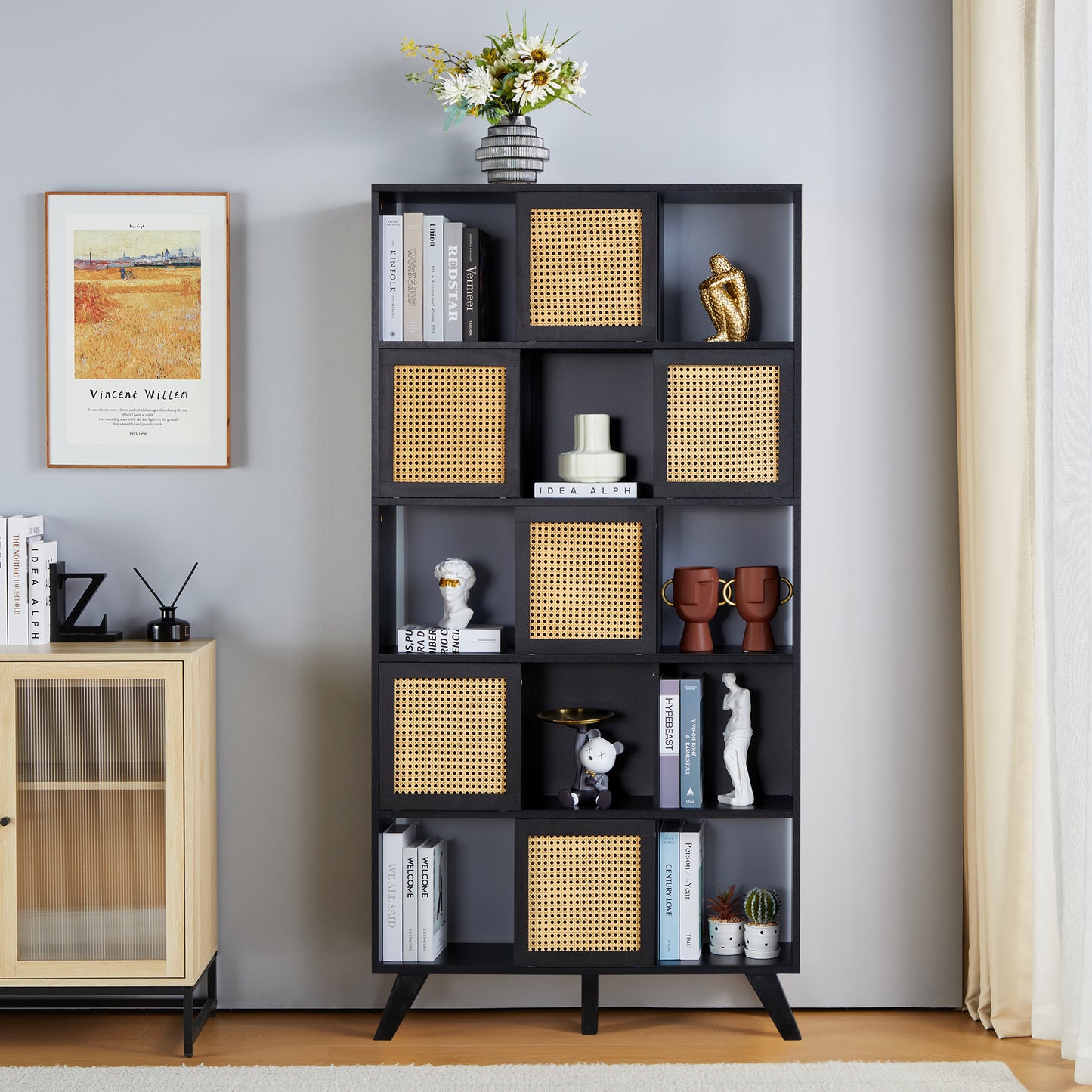 5 Tier Bookcase with Rattan Doors, 71" Shelf Rattan Boho Wood Shelves Large Bookshelves Farmhouse Bookcases Book Case for Bedroom, Living Room, Office (Black)