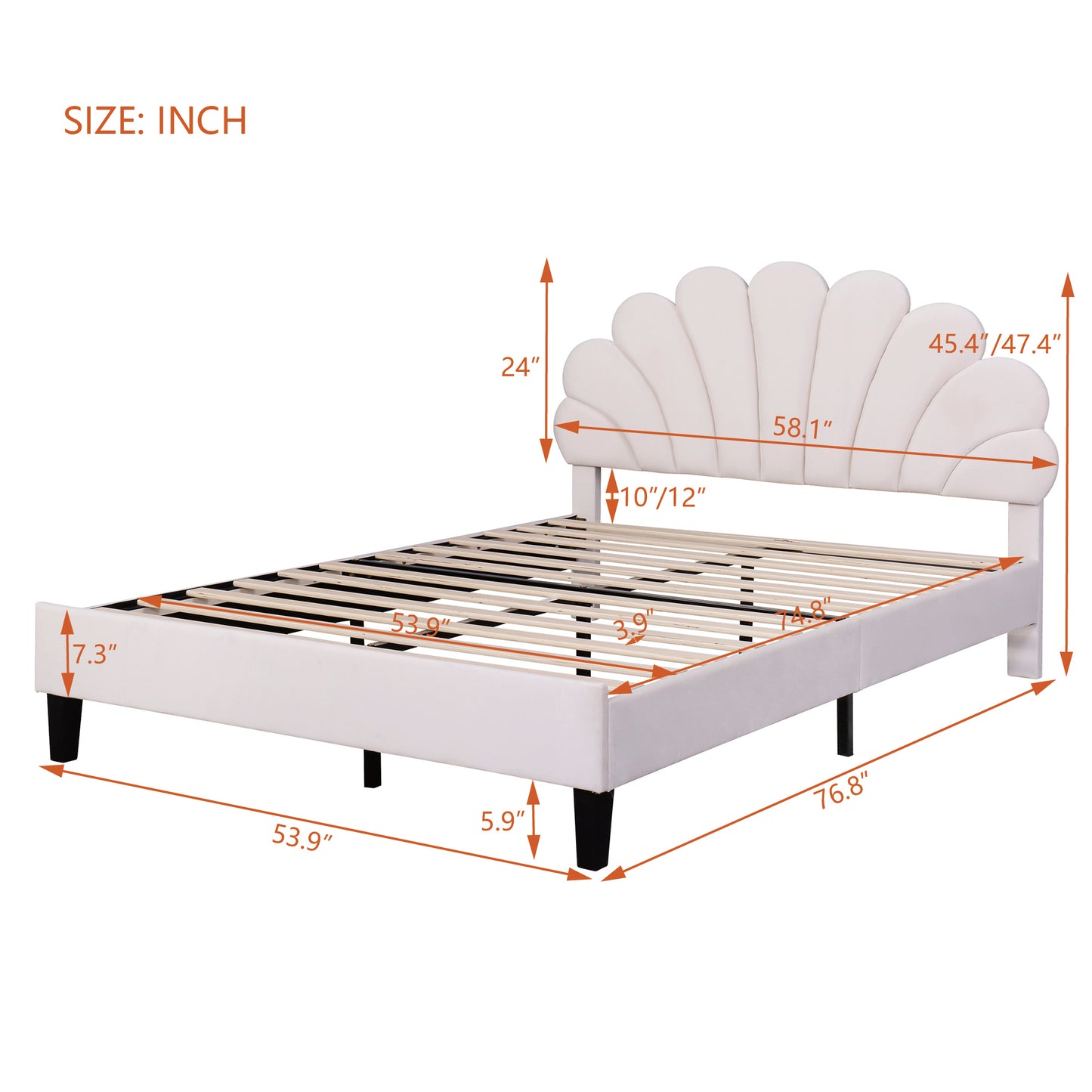 Full Size Upholstered Platform Bed with Flower Pattern Velvet Headboard, Beige