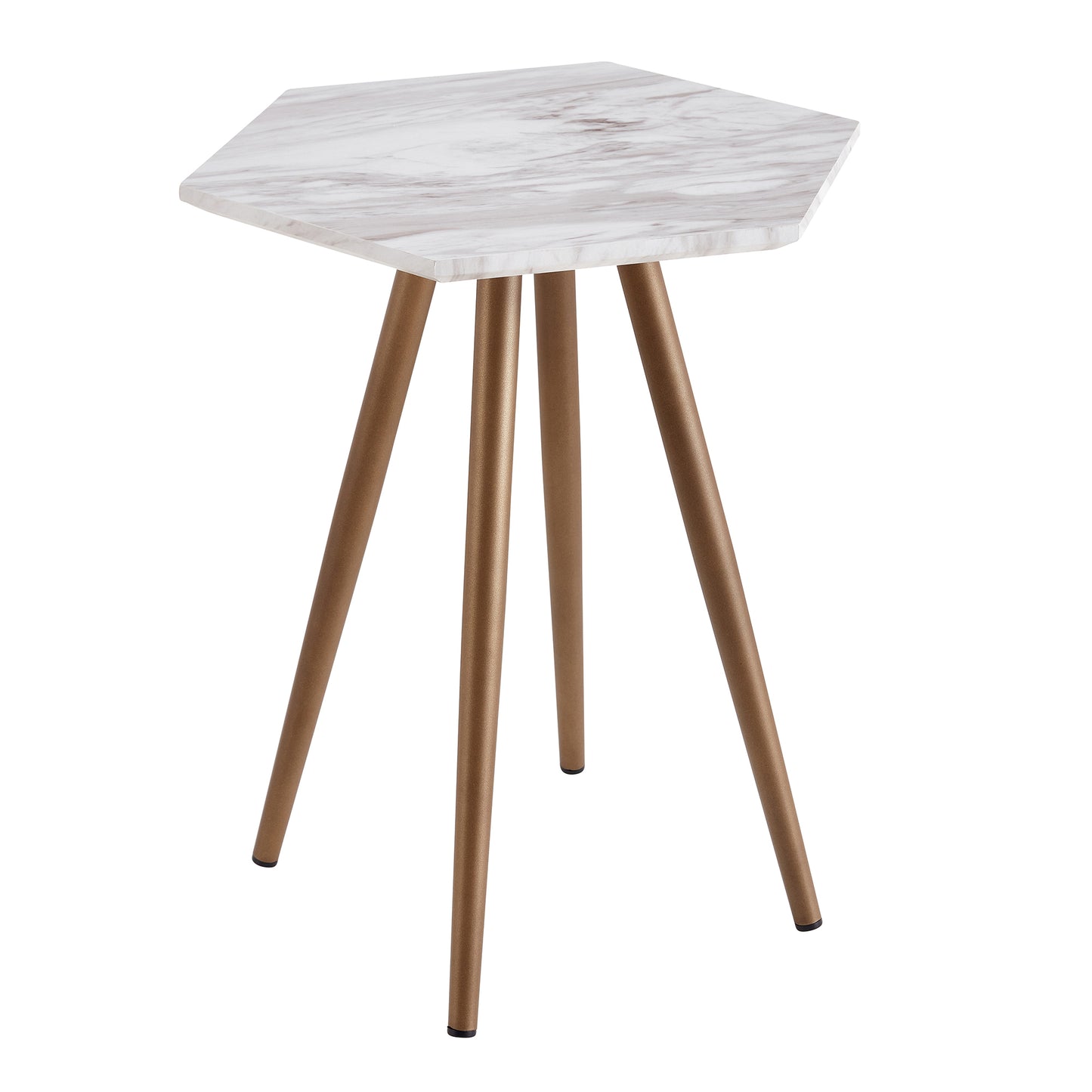 Modern Minimalism White Faux Marble End&Side Table, Small Accent Coffee Table with Dark Gold Metal Legs, Hexagon Nightstand for Living Room,Bedroom, Apartment Small Space ( MDF Tabletop + Metal Legs )