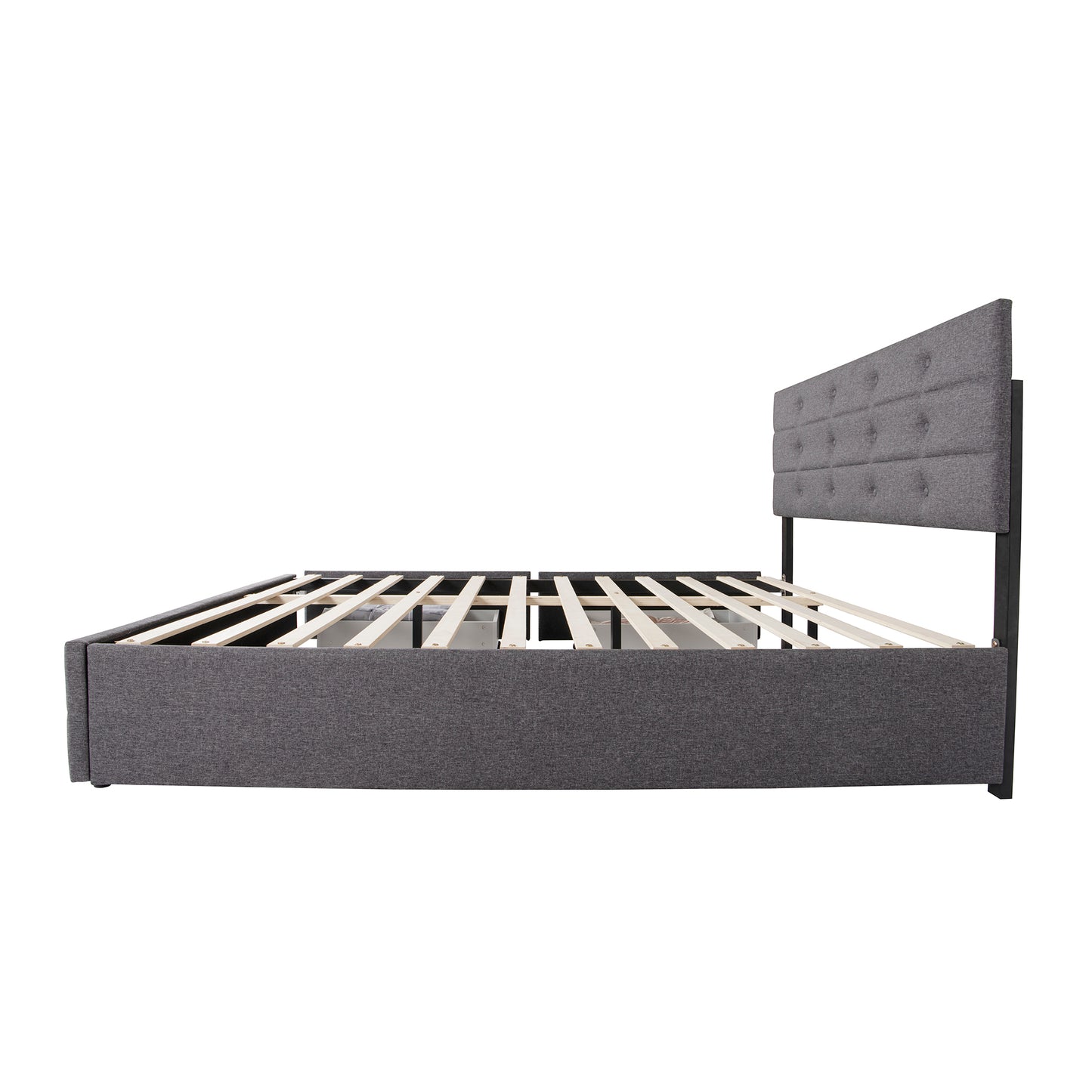 Queen Size Upholstered Linen Fabric Trundle bed with drawers Grey